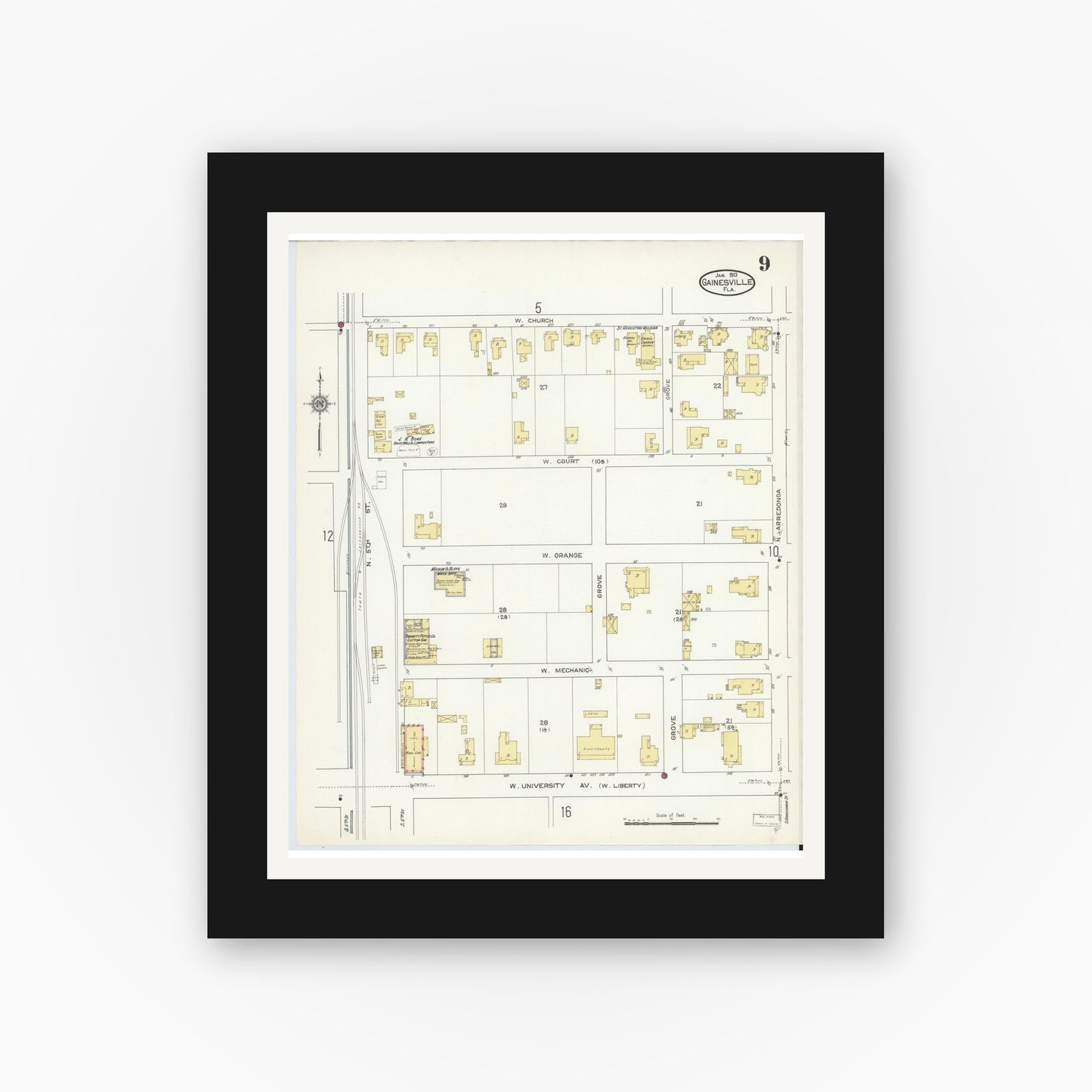 Old map wall art mockup — black gallery frame with white mat — Sanborn Fire Insurance Map from Gainesville, Alachua County, Florida (1913), Sheet #0009