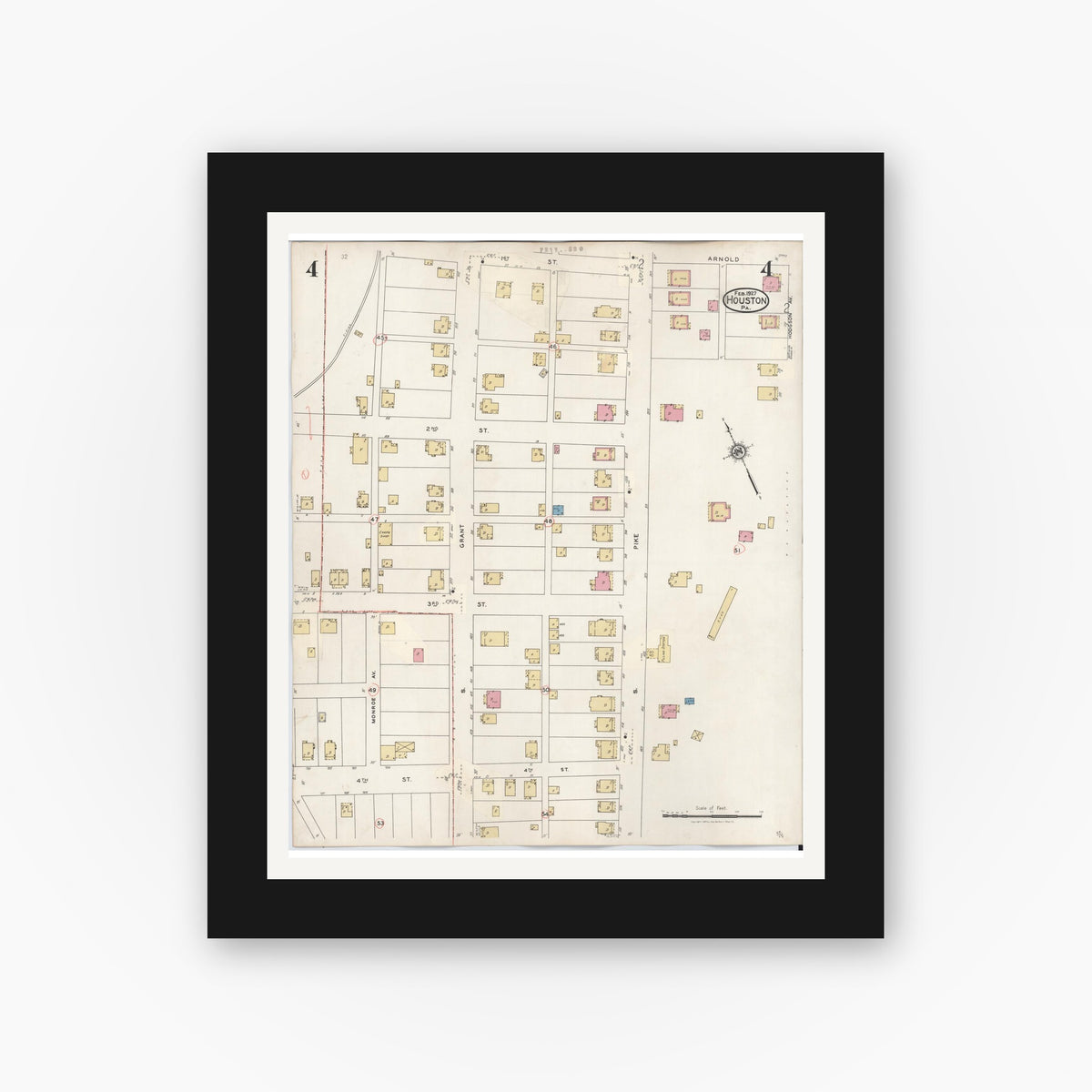 Old map wall art mockup — black gallery frame with white mat — Sanborn Fire Insurance Map from Houston, Washington County, Pennsylvania (1936), Sheet #0004