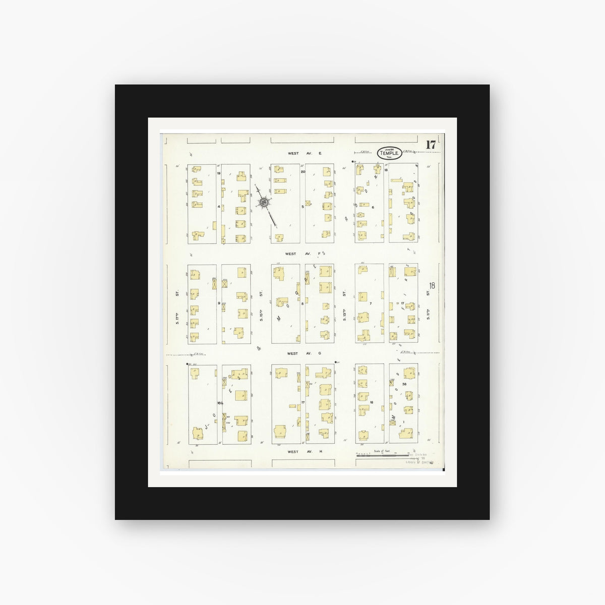 Old map wall art mockup — black gallery frame with white mat — Sanborn Fire Insurance Map from Temple, Bell County, Texas (1910), Sheet #0017