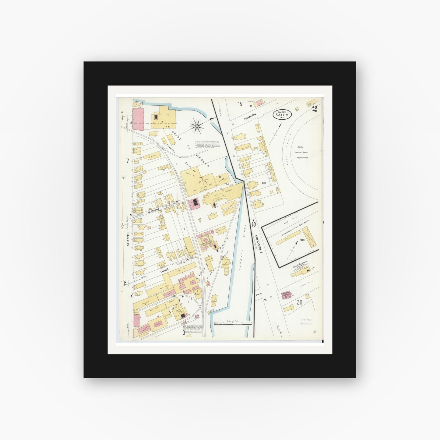 Old map wall art mockup — black gallery frame with white mat — Sanborn Fire Insurance Map from Salem, Salem County, New Jersey (1909) - Complete Map Set