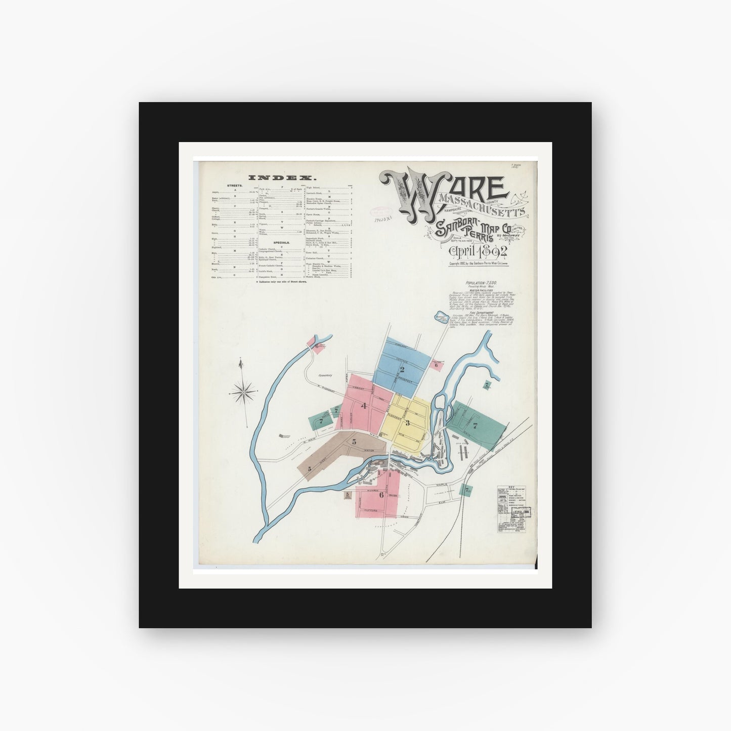 Old map wall art mockup — black gallery frame with white mat — Sanborn Fire Insurance Map from Ware, Hampshire County, Massachusetts (1892) - Complete Map Set