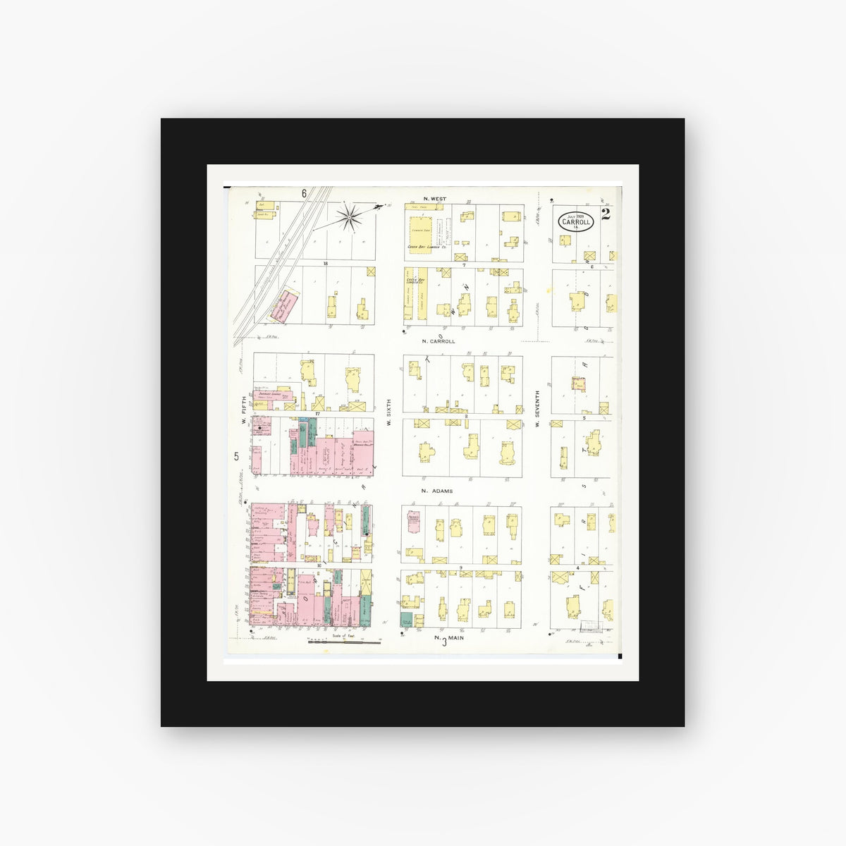 Old map wall art mockup — black gallery frame with white mat — Sanborn Fire Insurance Map from Carroll, Carroll County, Iowa (1909), Sheet #0002