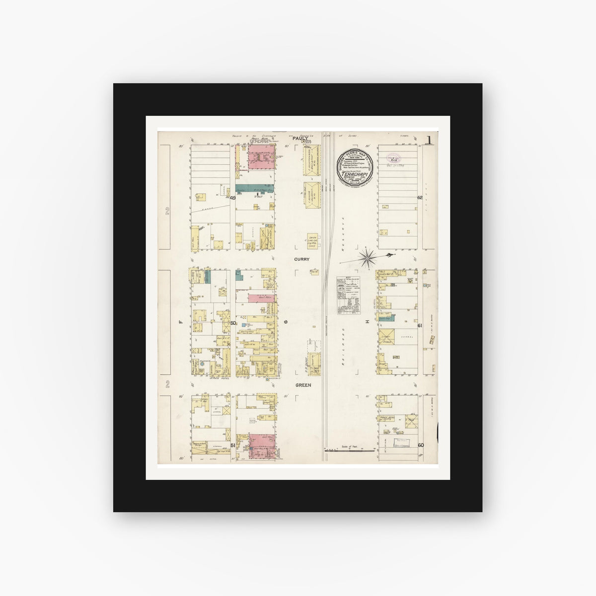 Old map wall art mockup — black gallery frame with white mat — Sanborn Fire Insurance Map from Tehachapi, Kern County, California (1894) - Complete Map Set
