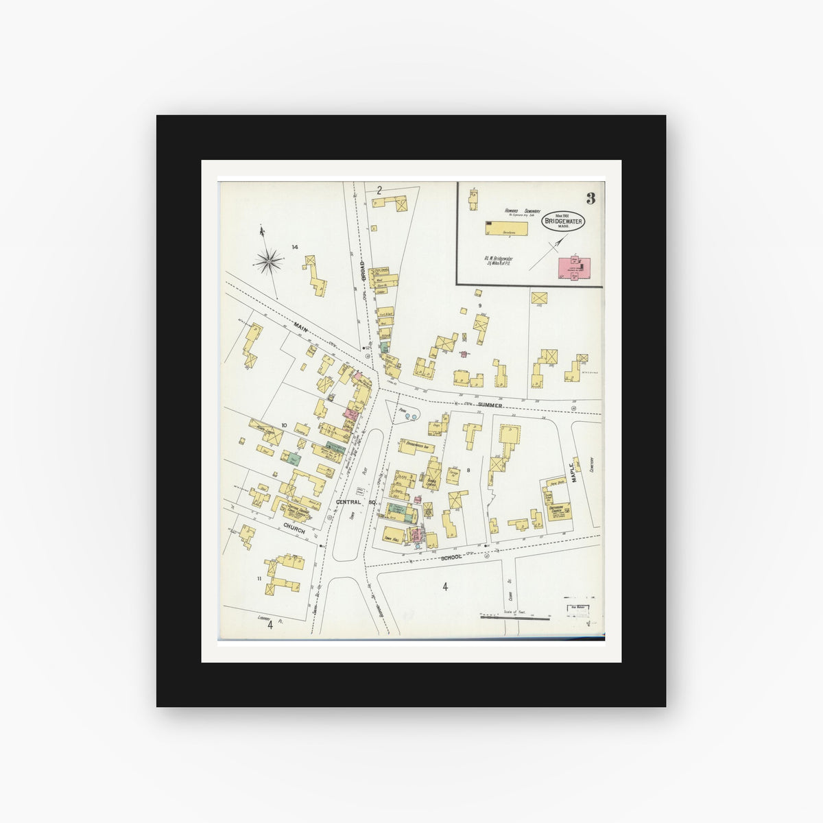 Old map wall art mockup — black gallery frame with white mat — Sanborn Fire Insurance Map from Bridgewater, Plymouth County, Massachusetts (1901), Sheet #0003