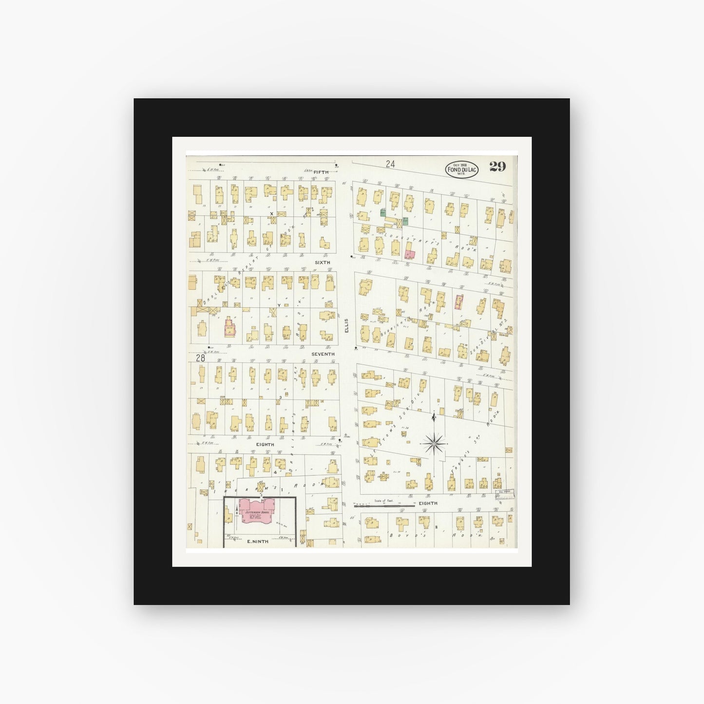 Old map wall art mockup — black gallery frame with white mat — Sanborn Fire Insurance Map from Fond du Lac, Fond du Lac County, Wisconsin (1908), Sheet #0029