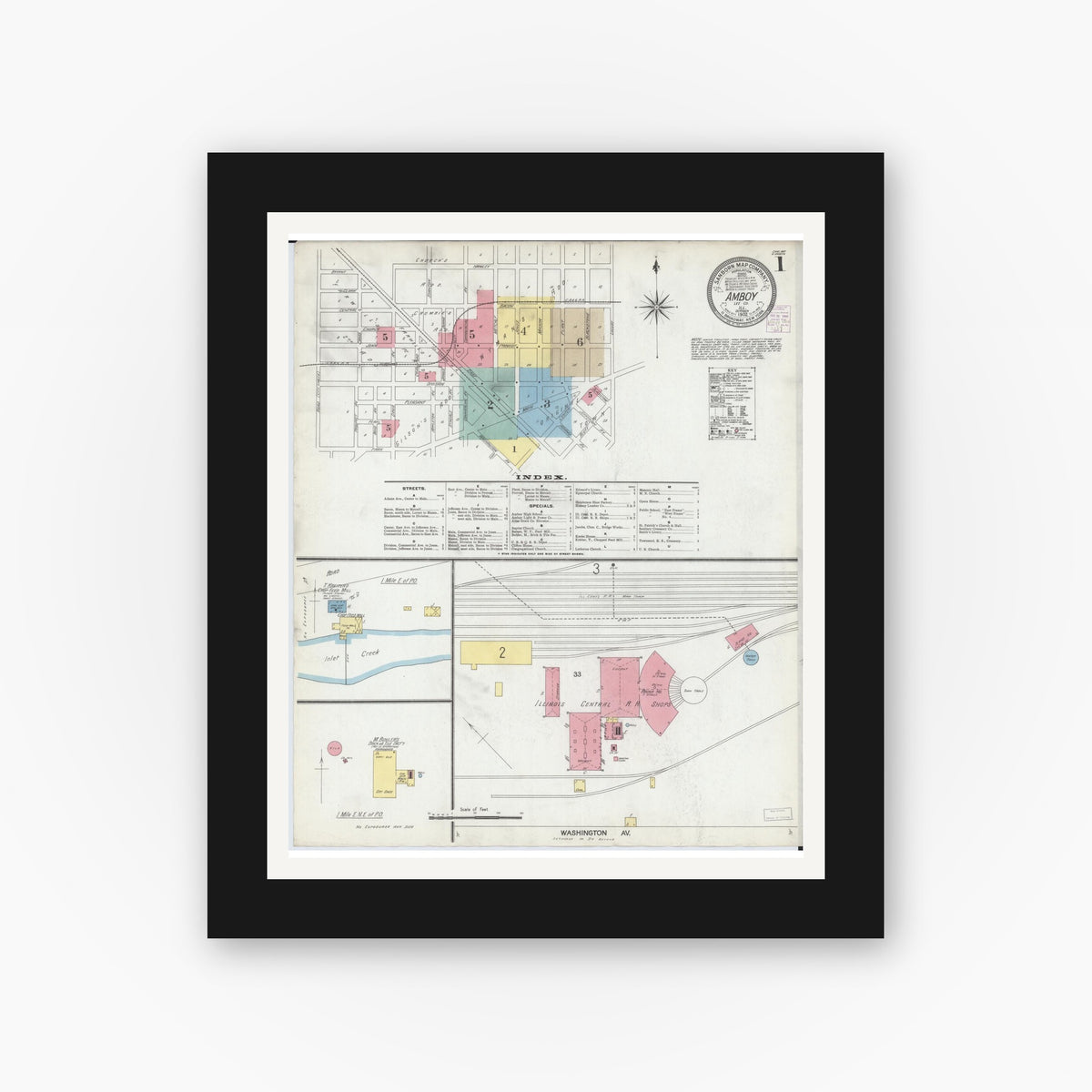Old map wall art mockup — black gallery frame with white mat — Sanborn Fire Insurance Map from Amboy, Lee County, Illinois (1902), Sheet #0001