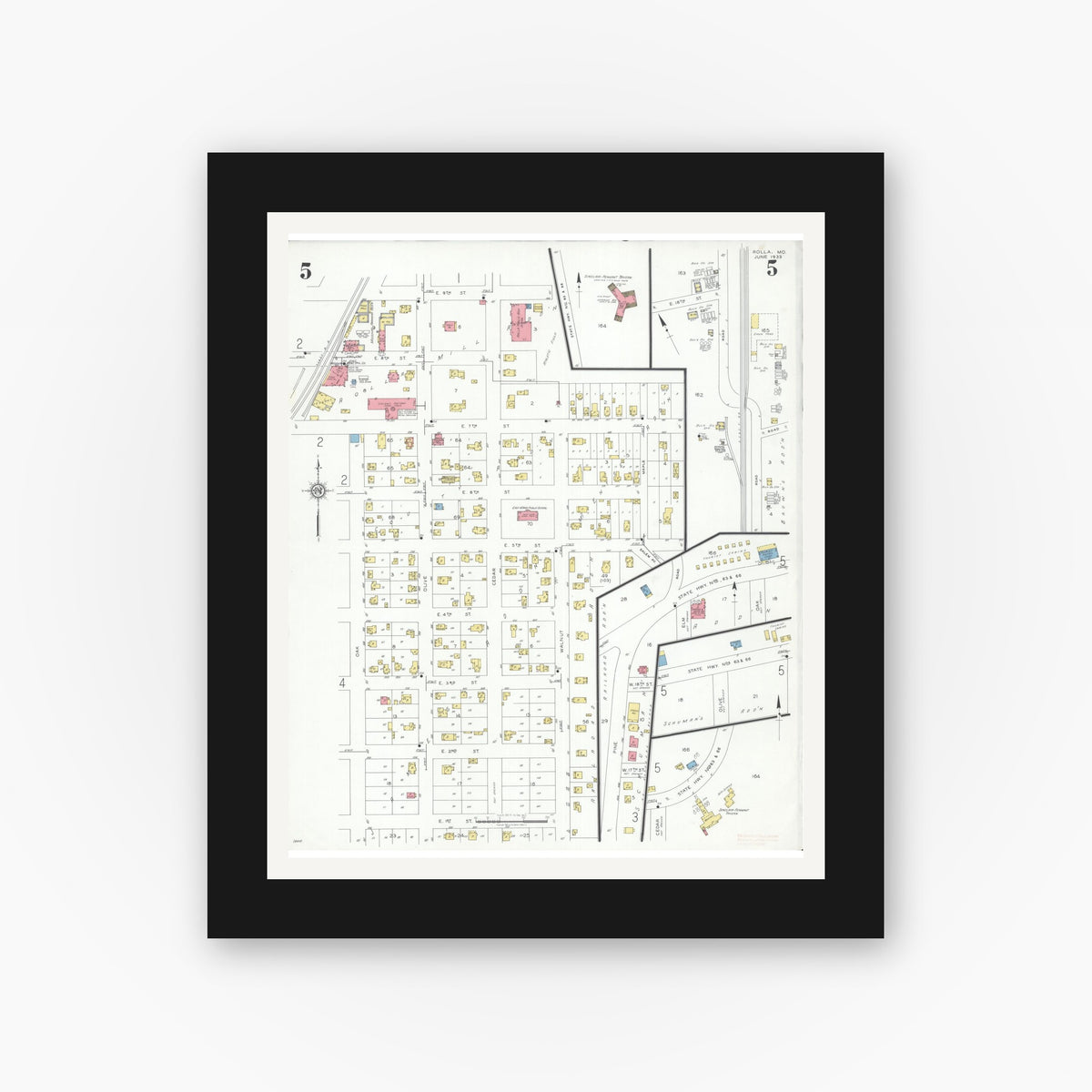 Old map wall art mockup — black gallery frame with white mat — Sanborn Fire Insurance Map from Rolla, Phelps County, Missouri (1933), Sheet #0005