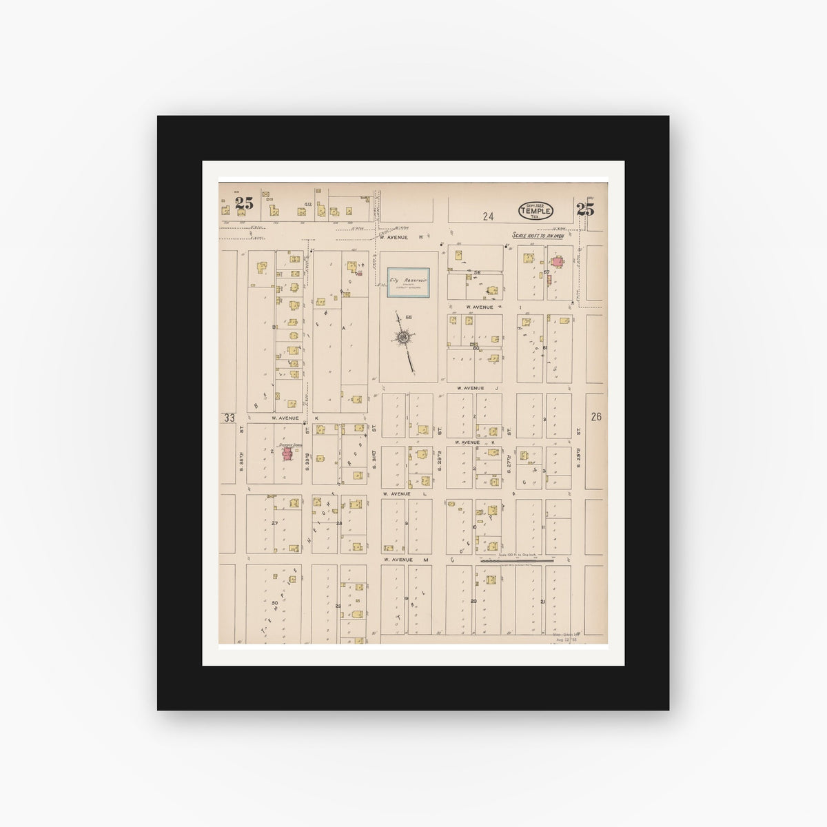 Old map wall art mockup — black gallery frame with white mat — Sanborn Fire Insurance Map from Temple, Bell County, Texas (1922), Sheet #0025