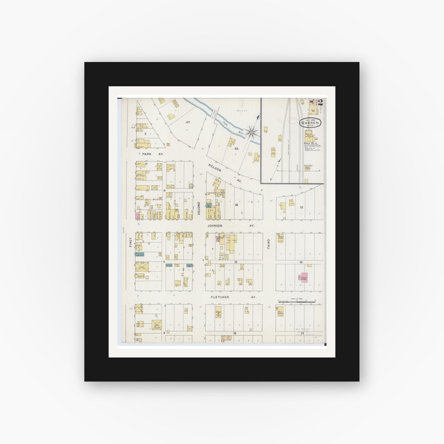 Old map wall art mockup — black gallery frame with white mat — Sanborn Fire Insurance Map from Warren, Marshall County, Minnesota (1894), Sheet #0002