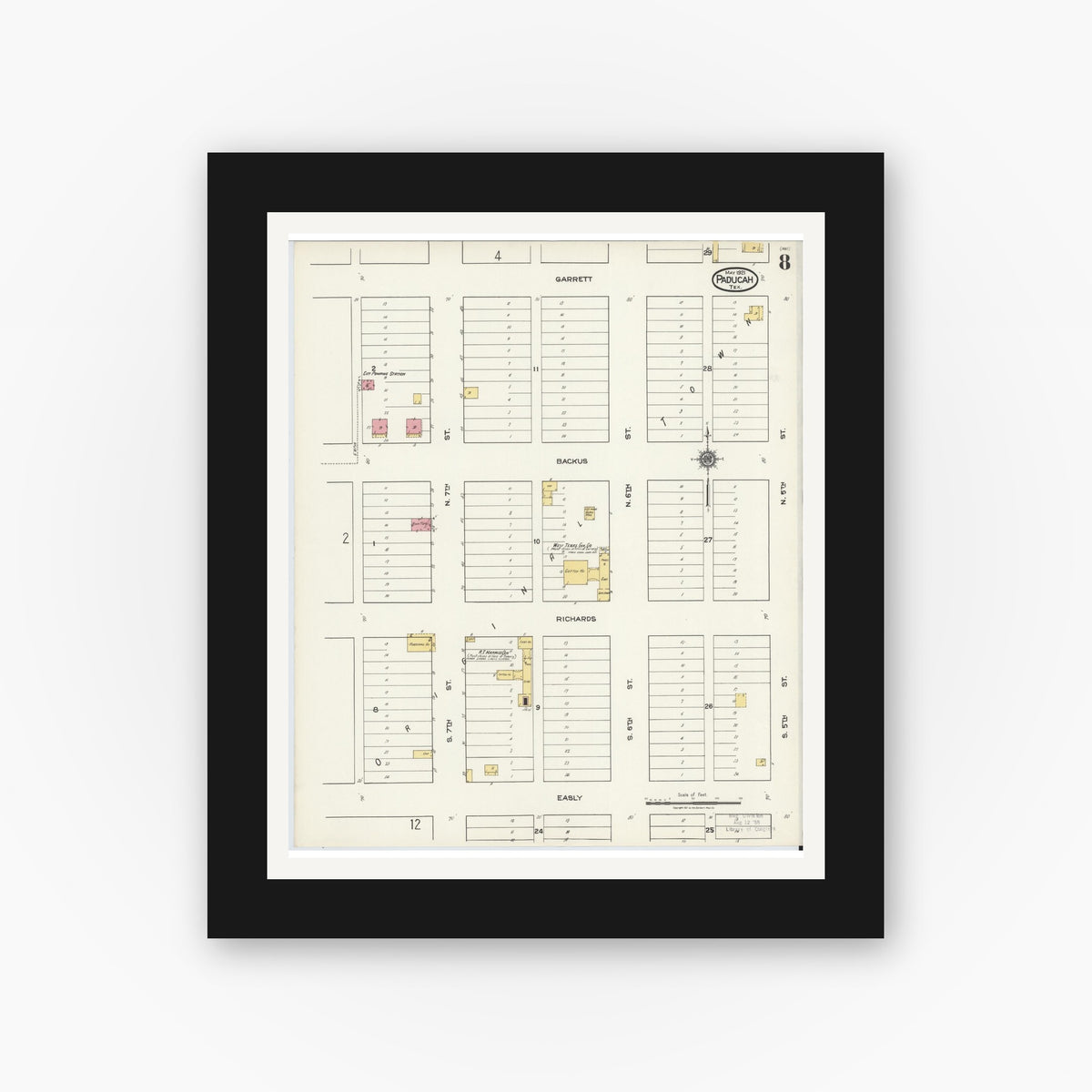 Old map wall art mockup — black gallery frame with white mat — Sanborn Fire Insurance Map from Paducah, Cottle County, Texas (1921), Sheet #0008