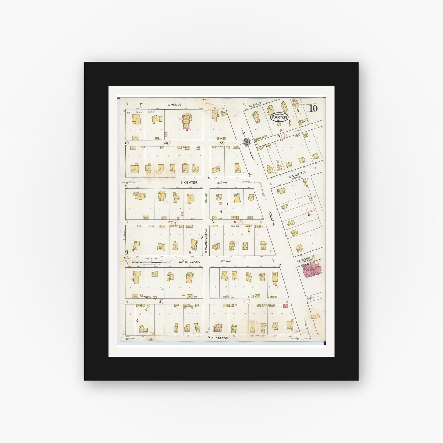 Old map wall art mockup — black gallery frame with white mat — Sanborn Fire Insurance Map from Paxton, Ford County, Illinois (1932), Sheet #0010