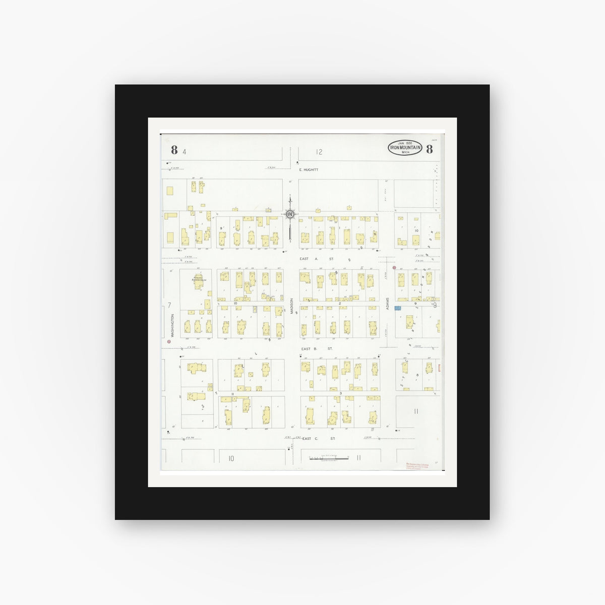 Old map wall art mockup — black gallery frame with white mat — Sanborn Fire Insurance Map from Iron Mountain, Dickinson County, Michigan (1930), Sheet #0008