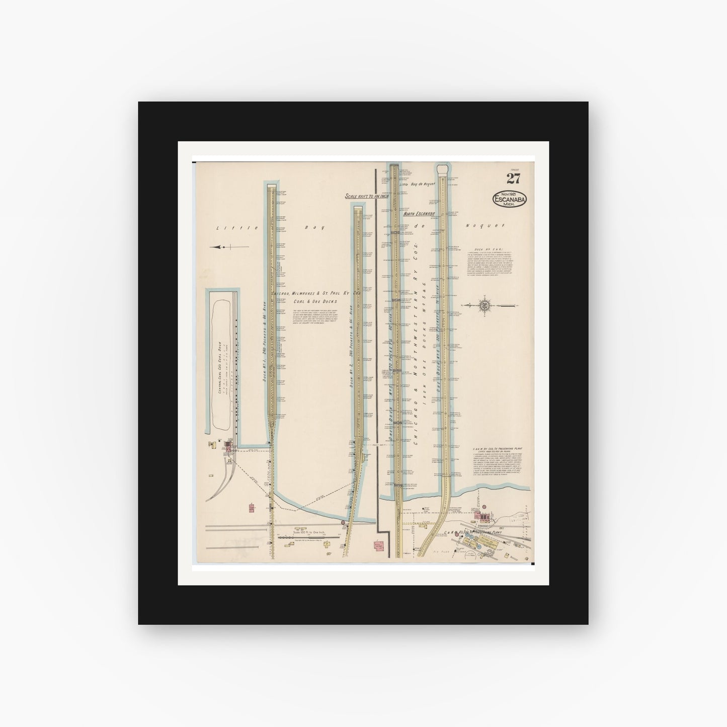 Old map wall art mockup — black gallery frame with white mat — Sanborn Fire Insurance Map from Escanaba, Delta County, Michigan (1921), Sheet #0027