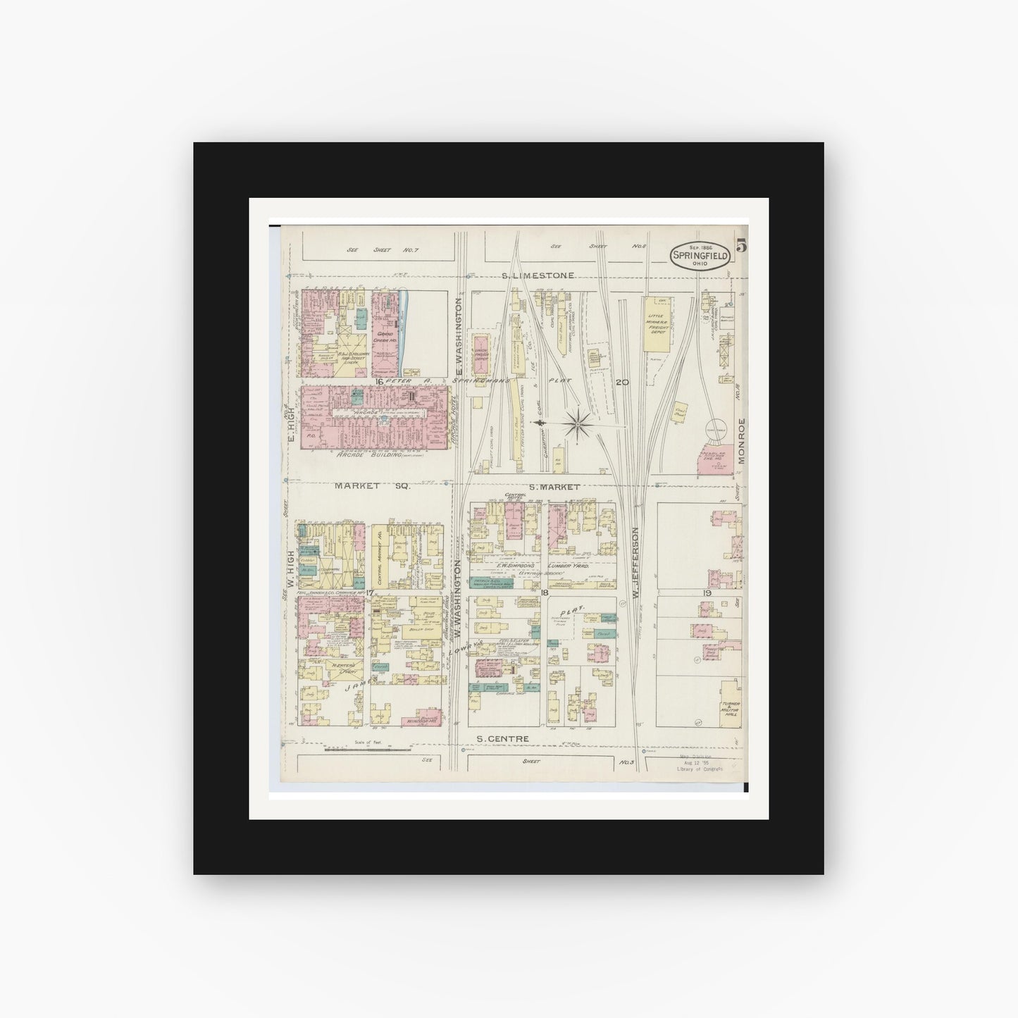 Old map wall art mockup — black gallery frame with white mat — Sanborn Fire Insurance Map from Springfield, Clark County, Ohio (1886), Sheet #0005