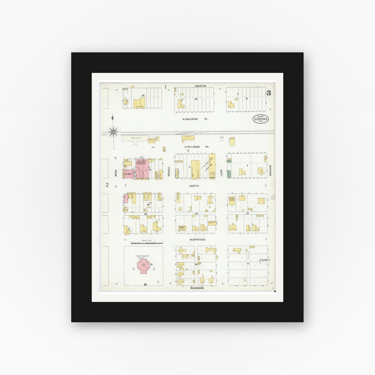 Old map wall art mockup — black gallery frame with white mat — Sanborn Fire Insurance Map from Giddings, Lee County, Texas (1901), Sheet #0003