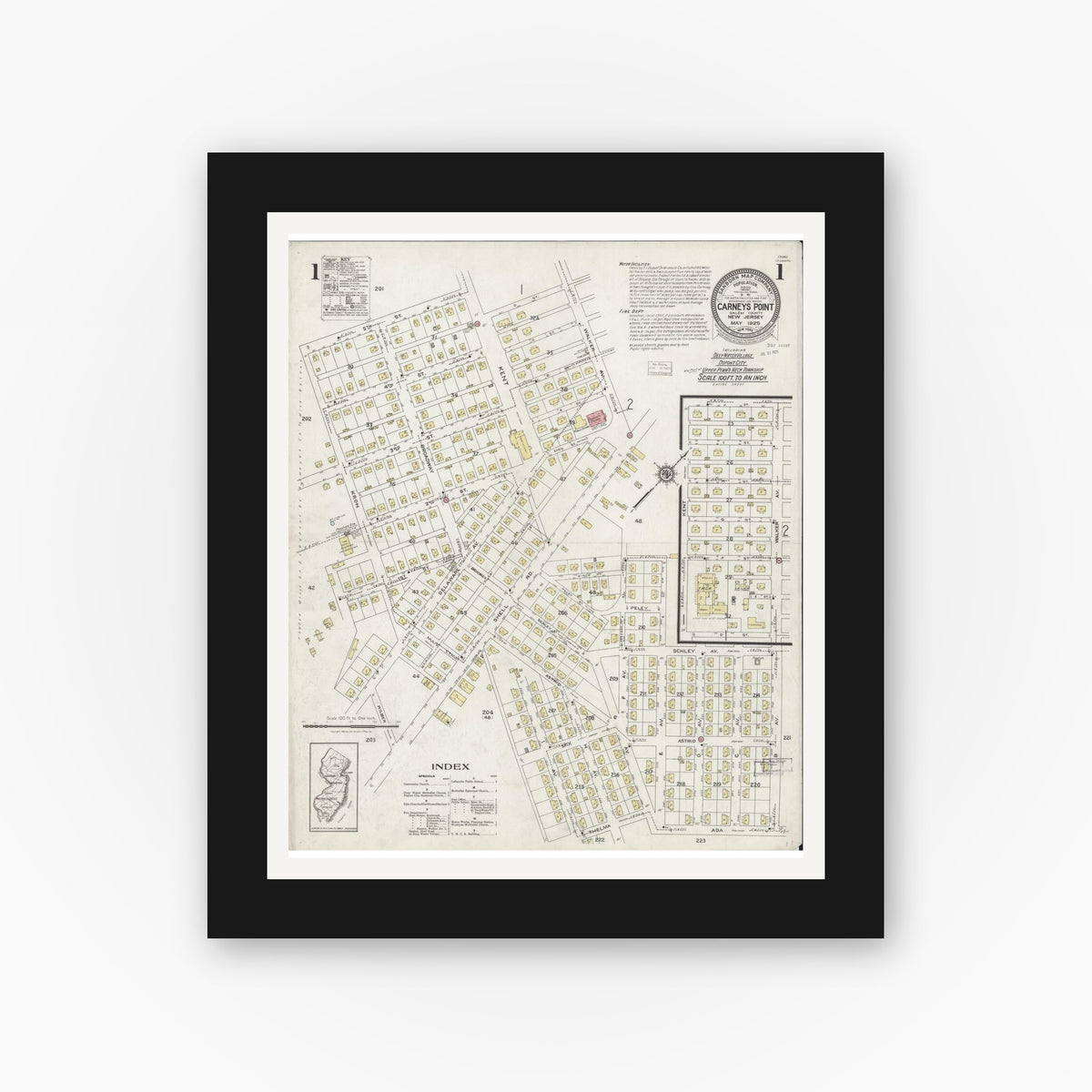 Old map wall art mockup — black gallery frame with white mat — Sanborn Fire Insurance Map from Carneys Point, Salem County, New Jersey (1925) - Complete Map Set