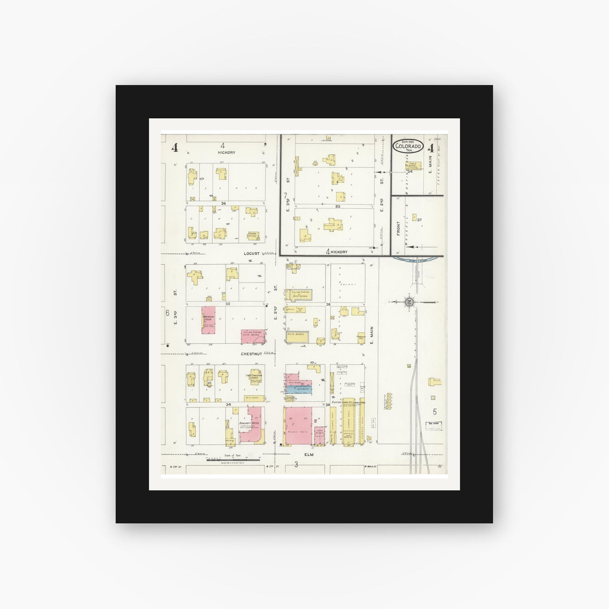Old map wall art mockup — black gallery frame with white mat — Sanborn Fire Insurance Map from Colorado, Mitchell County, Texas (1925), Sheet #0004