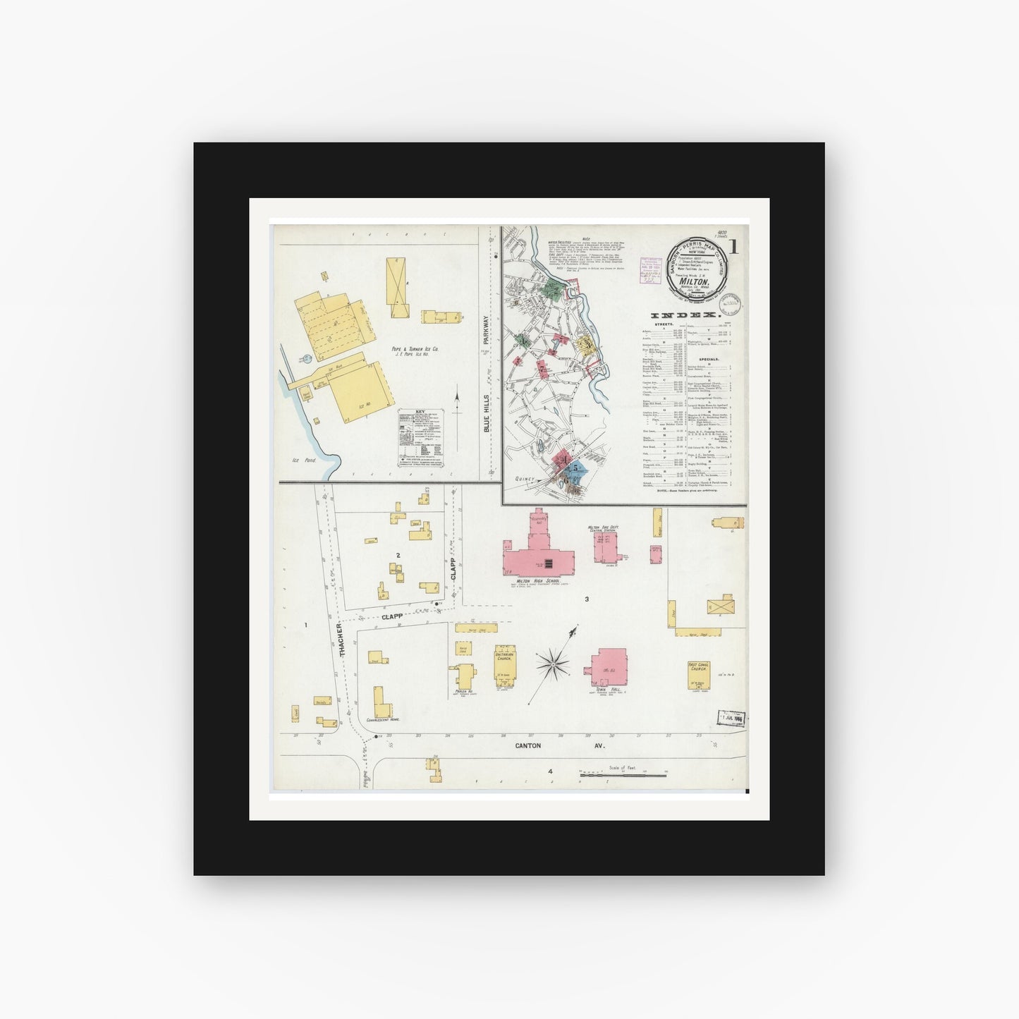 Old map wall art mockup — black gallery frame with white mat — Sanborn Fire Insurance Map from Milton, Norfolk County, Massachusetts (1901), Sheet #0001