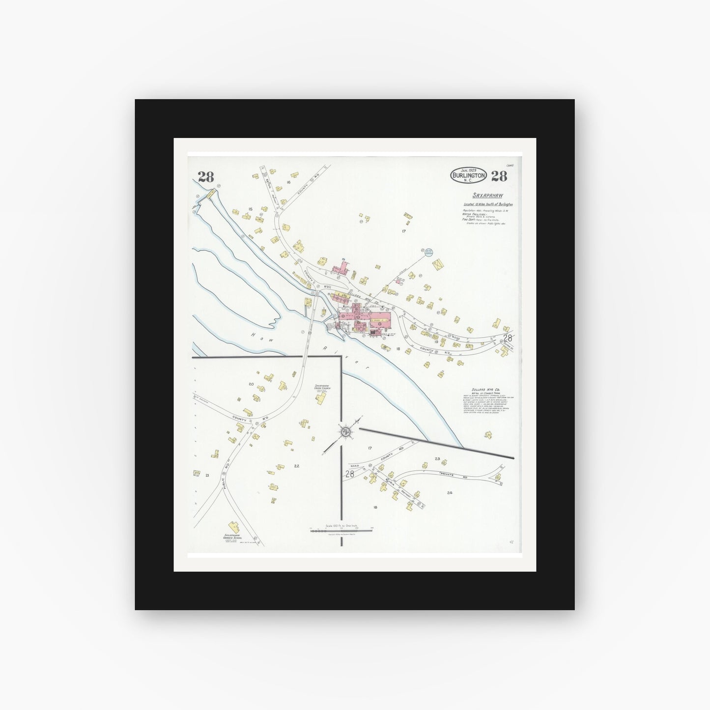 Old map wall art mockup — black gallery frame with white mat — Sanborn Fire Insurance Map from Burlington, Alamance County, North Carolina (1929), Sheet #0028