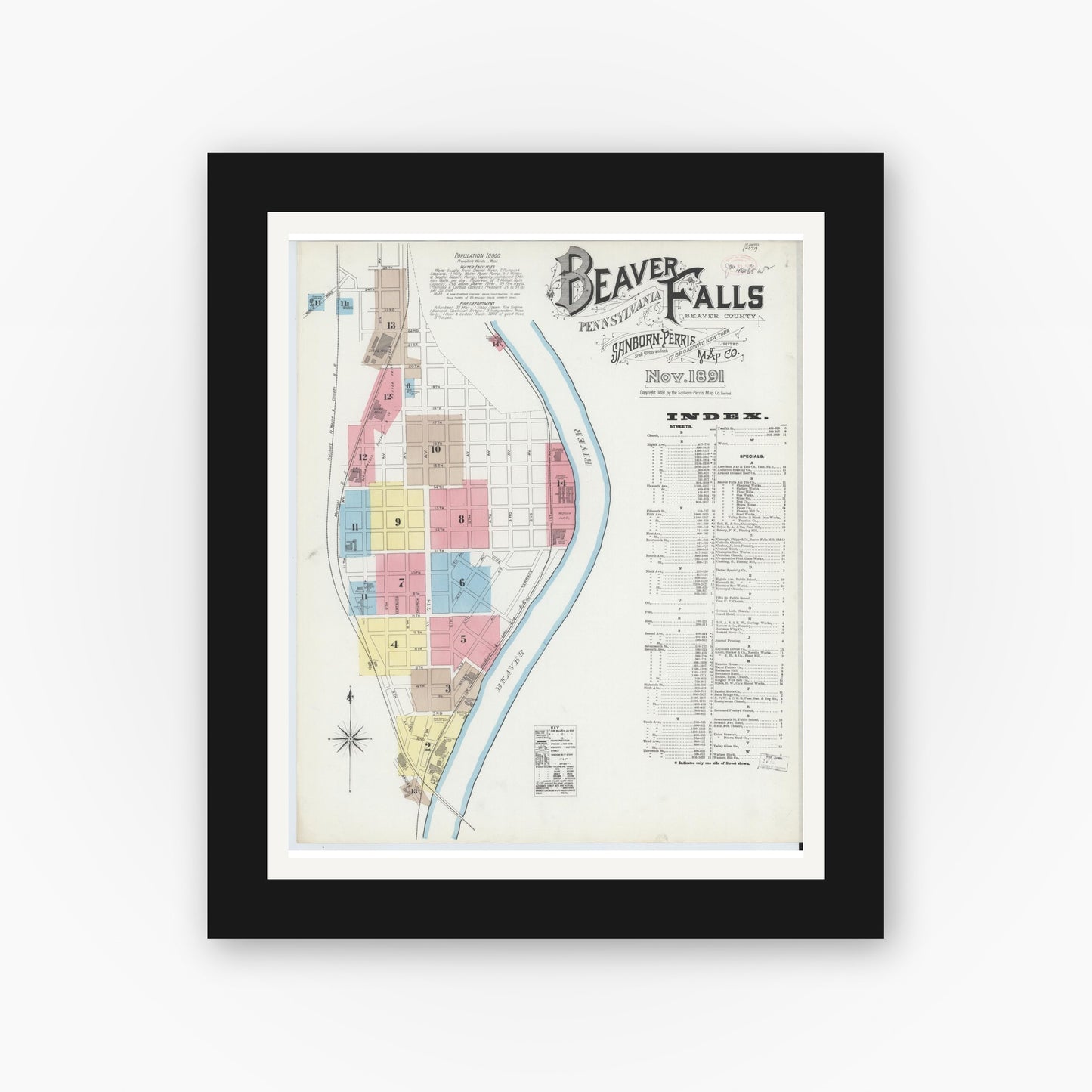 Old map wall art mockup — black gallery frame with white mat — Sanborn Fire Insurance Map from Beaver Falls, Beaver County, Pennsylvania (1891) - Complete Map Set