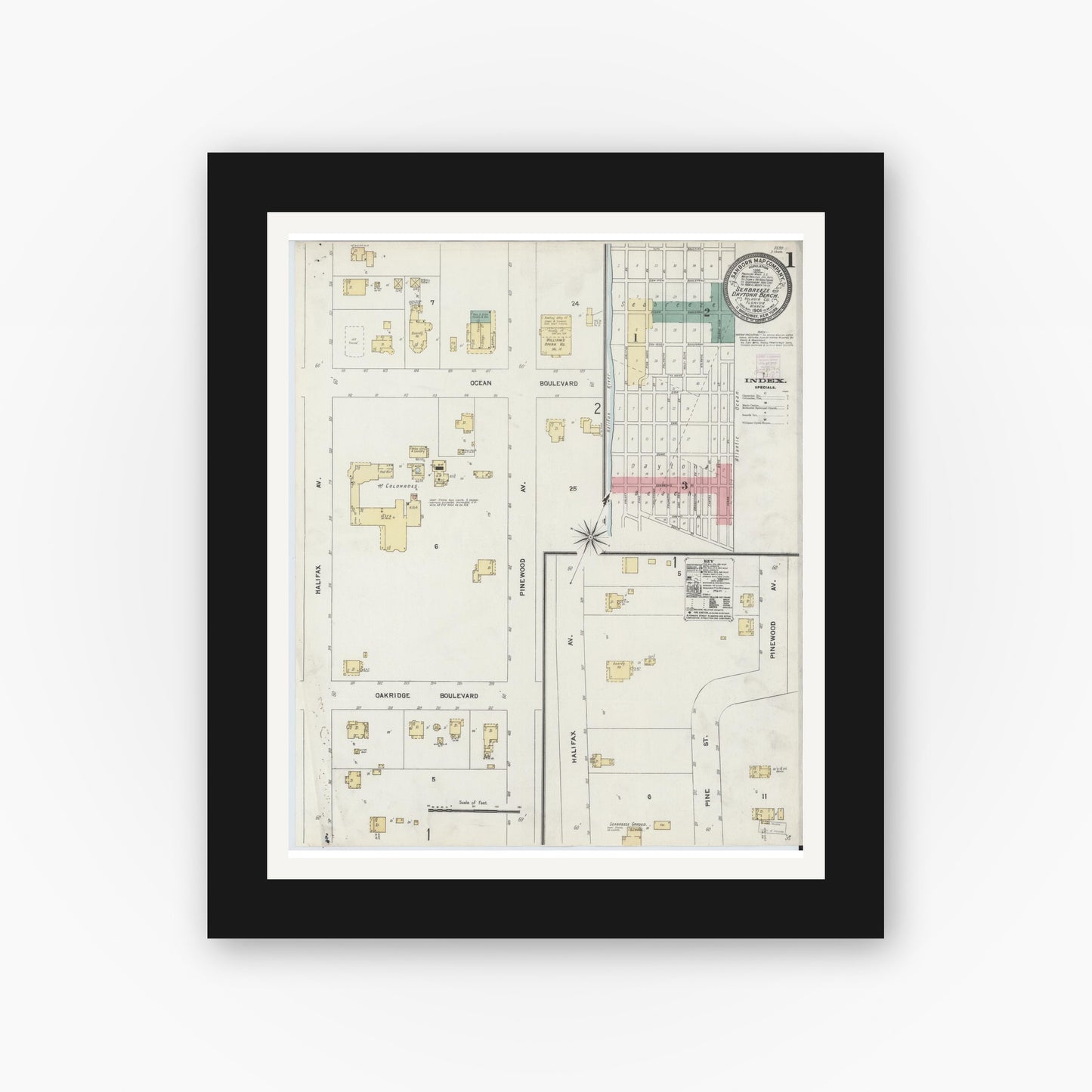Old map wall art mockup — black gallery frame with white mat — Sanborn Fire Insurance Map from Seabreeze, Volusia County, Florida (1906) - Complete Map Set