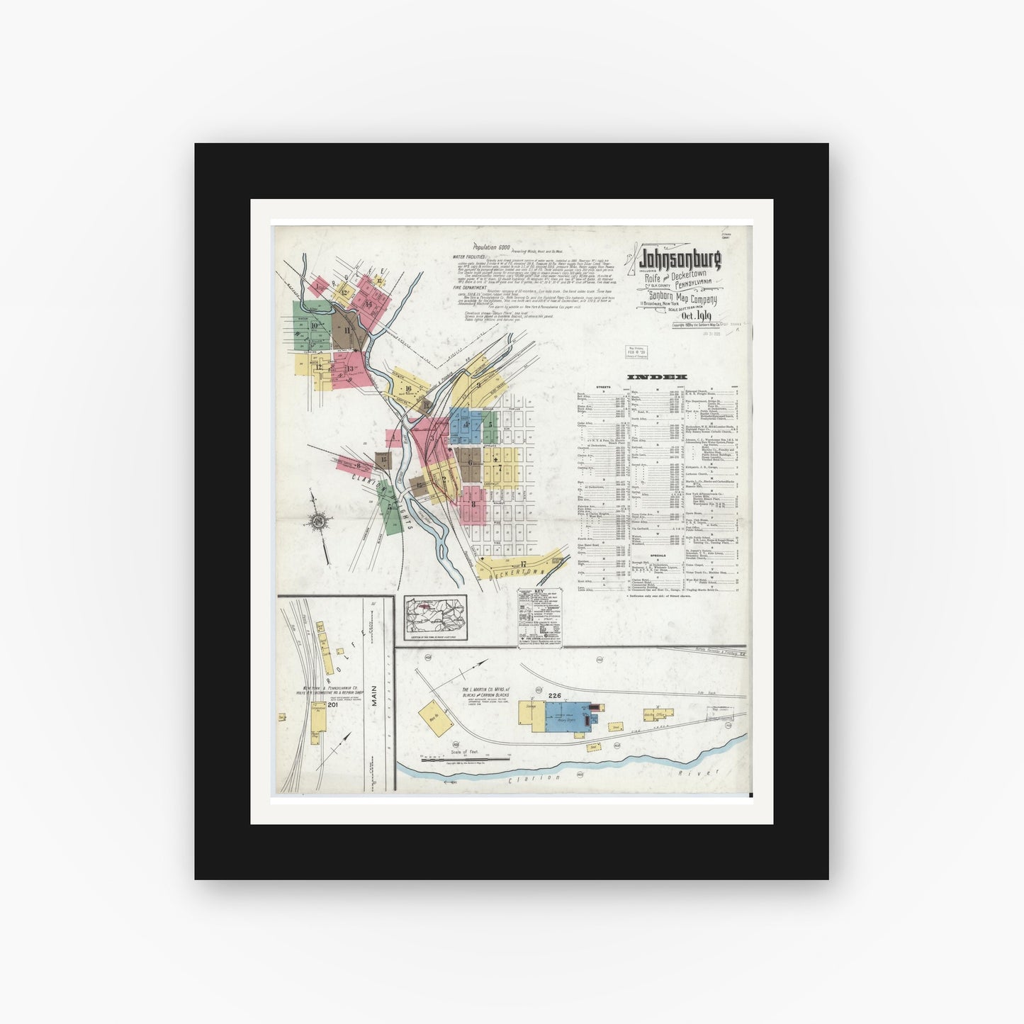 Old map wall art mockup — black gallery frame with white mat — Sanborn Fire Insurance Map from Johnsonburg, Elk County, Pennsylvania (1919), Sheet #0001