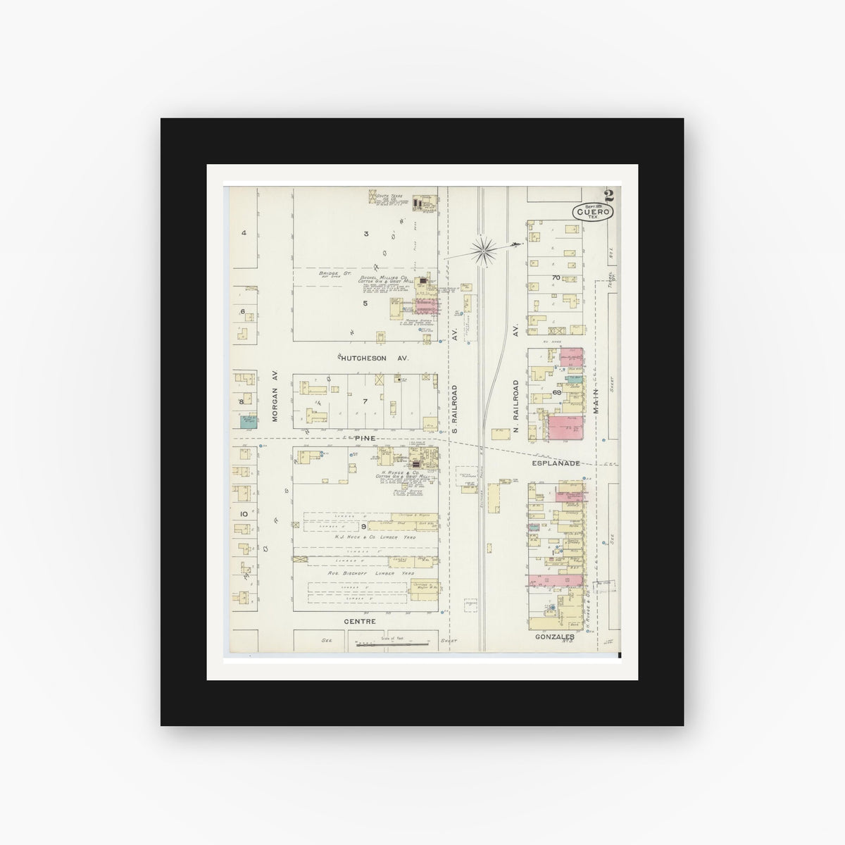Old map wall art mockup — black gallery frame with white mat — Sanborn Fire Insurance Map from Cuero, De Witt County, Texas (1891), Sheet #0002