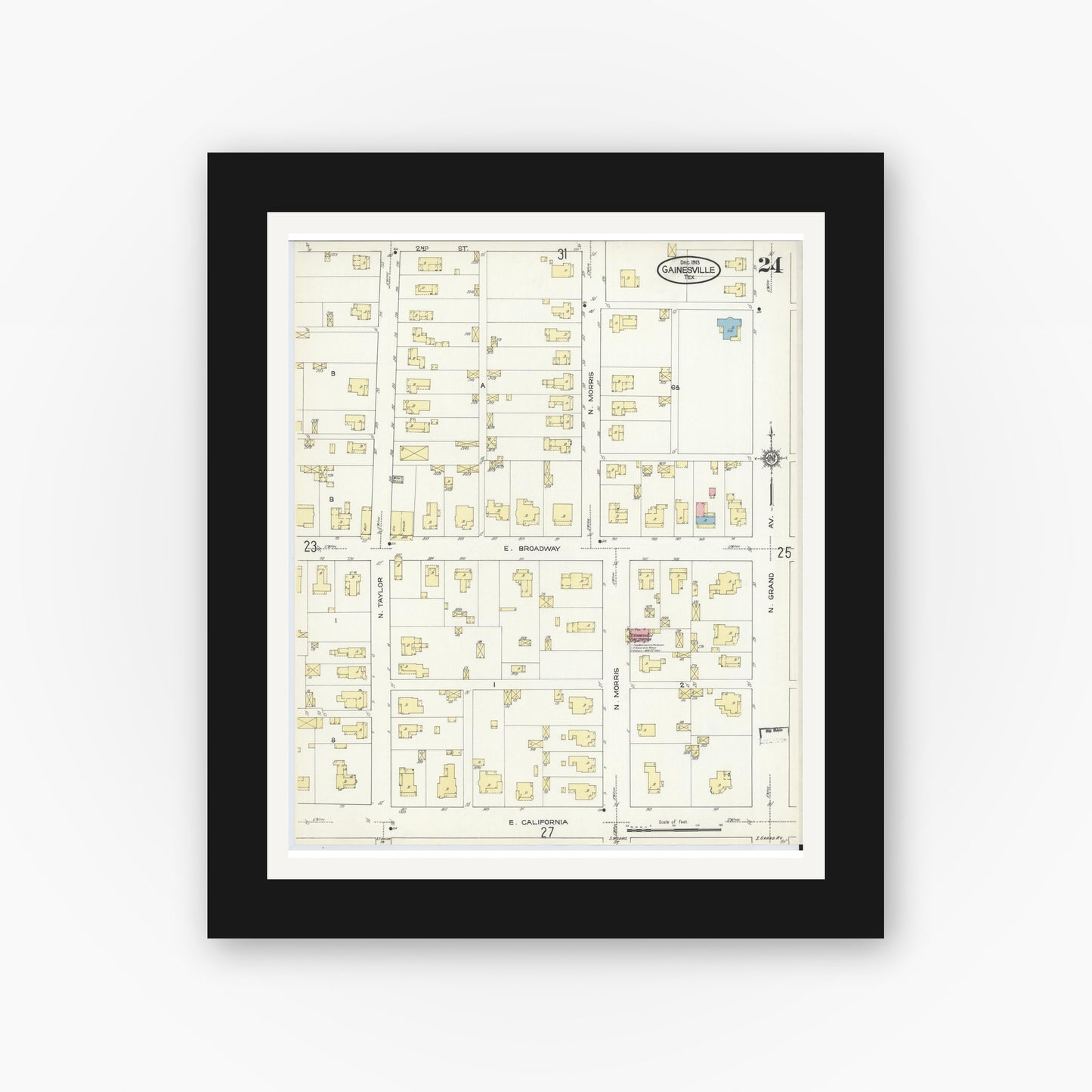 Old map wall art mockup — black gallery frame with white mat — Sanborn Fire Insurance Map from Gainesville, Cooke County, Texas (1913), Sheet #0024