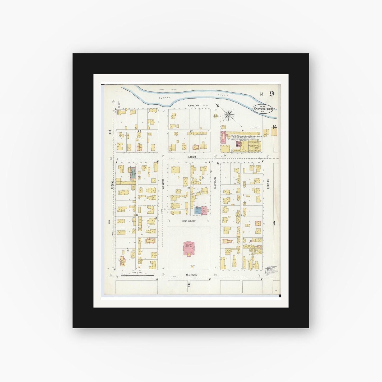 Old map wall art mockup — black gallery frame with white mat — Sanborn Fire Insurance Map from Chippewa Falls, Chippewa County, Wisconsin (1903), Sheet #0009