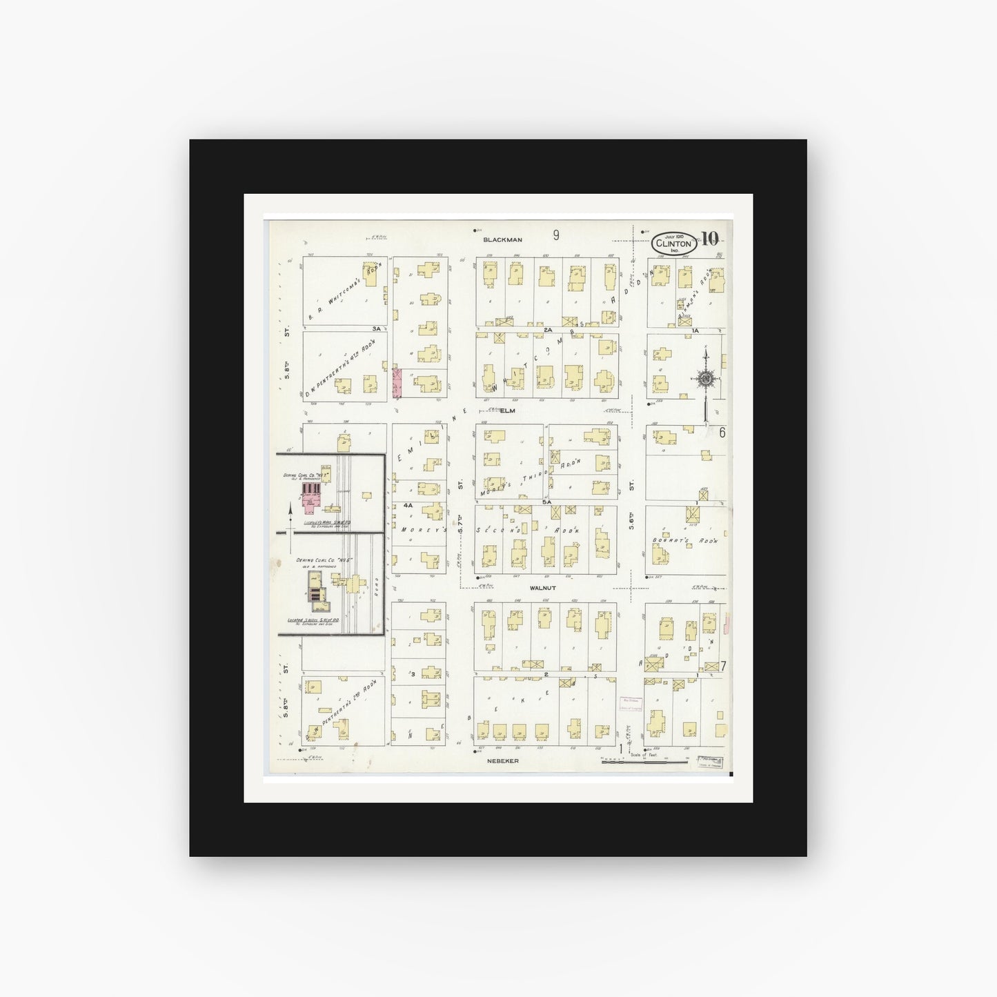 Old map wall art mockup — black gallery frame with white mat — Sanborn Fire Insurance Map from Clinton, Vermillion County, Indiana (1910), Sheet #0010