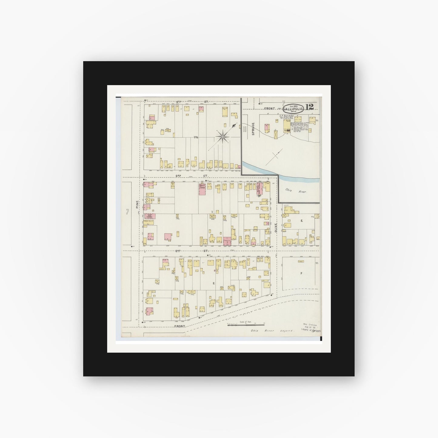 Old map wall art mockup — black gallery frame with white mat — Sanborn Fire Insurance Map from Gallipolis, Gallia County, Ohio (1895), Sheet #0012