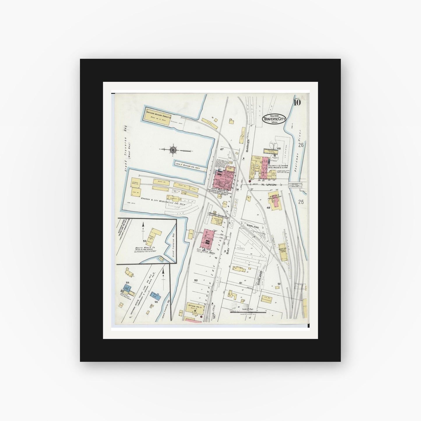 Old map wall art mockup — black gallery frame with white mat — Sanborn Fire Insurance Map from Traverse City, Grand Traverse County, Michigan (1920), Sheet #0010