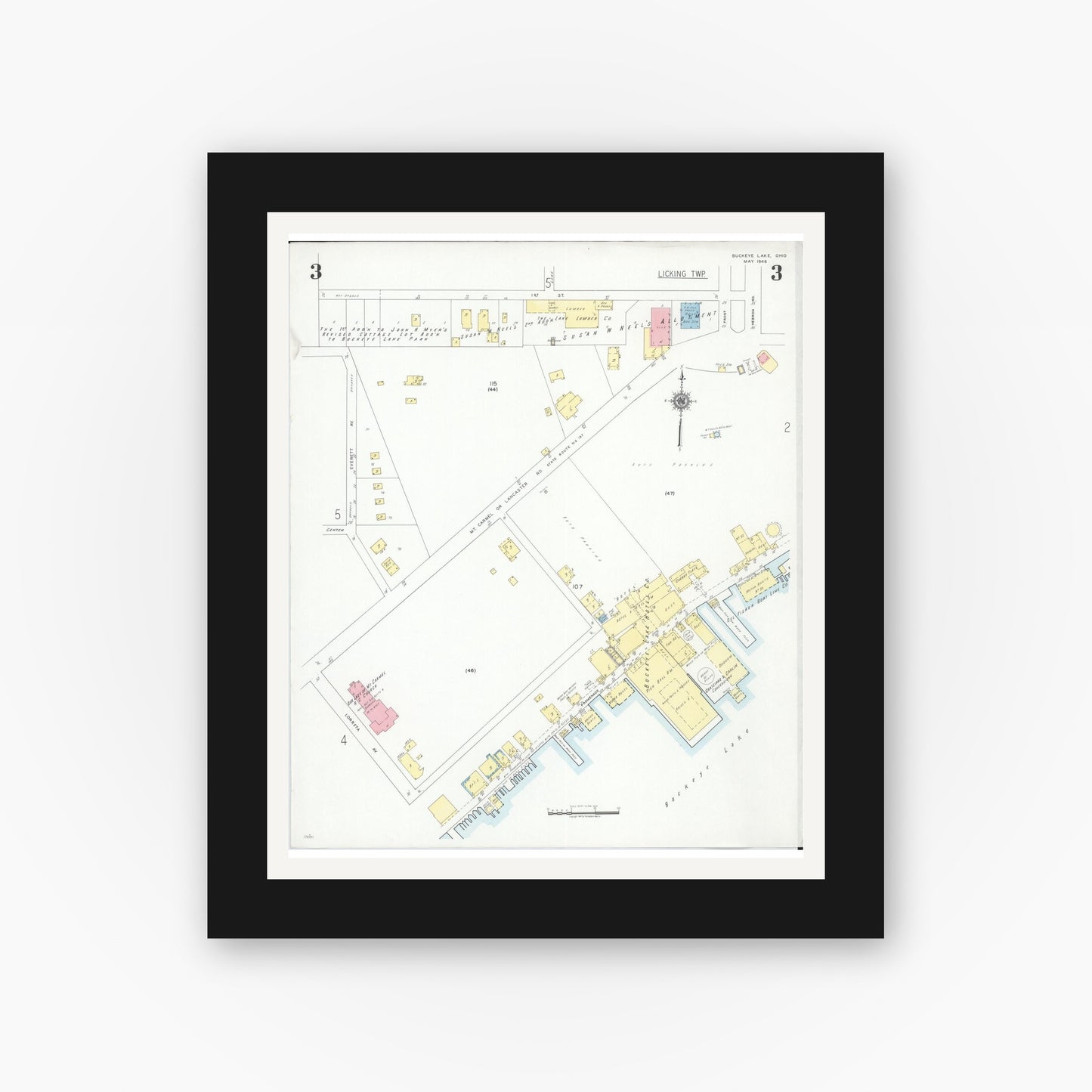 Old map wall art mockup — black gallery frame with white mat — Sanborn Fire Insurance Map from Buckeye Lake, Licking County, Ohio (1946), Sheet #0003