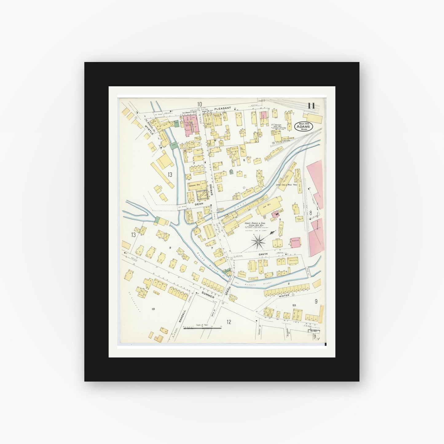 Old map wall art mockup — black gallery frame with white mat — Sanborn Fire Insurance Map from Adams, Berkshire County, Massachusetts (1908), Sheet #0011