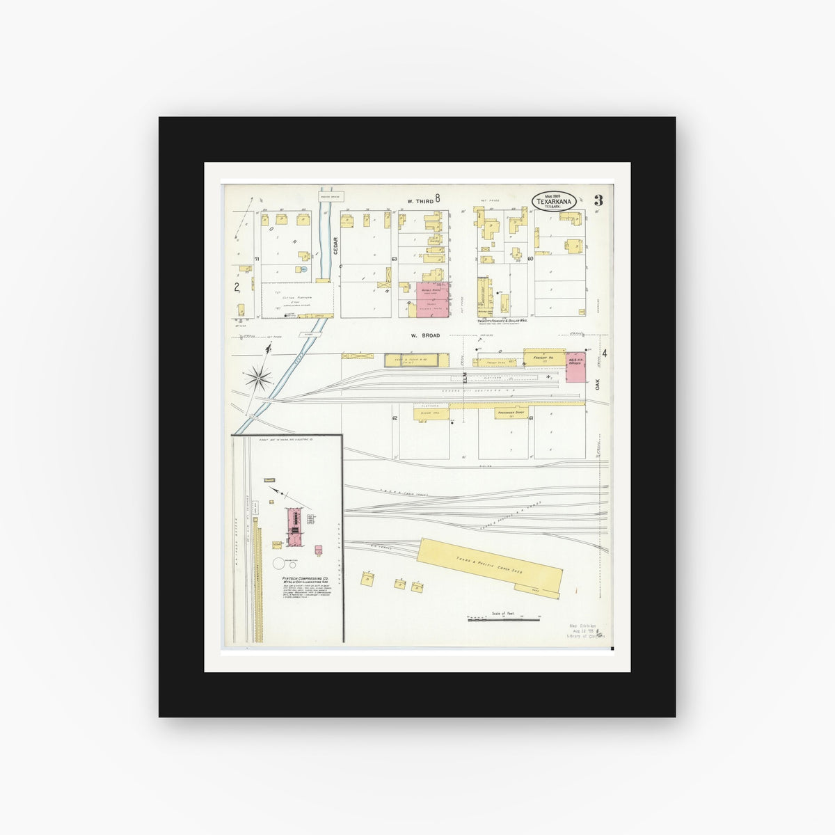 Old map wall art mockup — black gallery frame with white mat — Sanborn Fire Insurance Map from Texarkana, Bowie County, Texas (1909), Sheet #0003