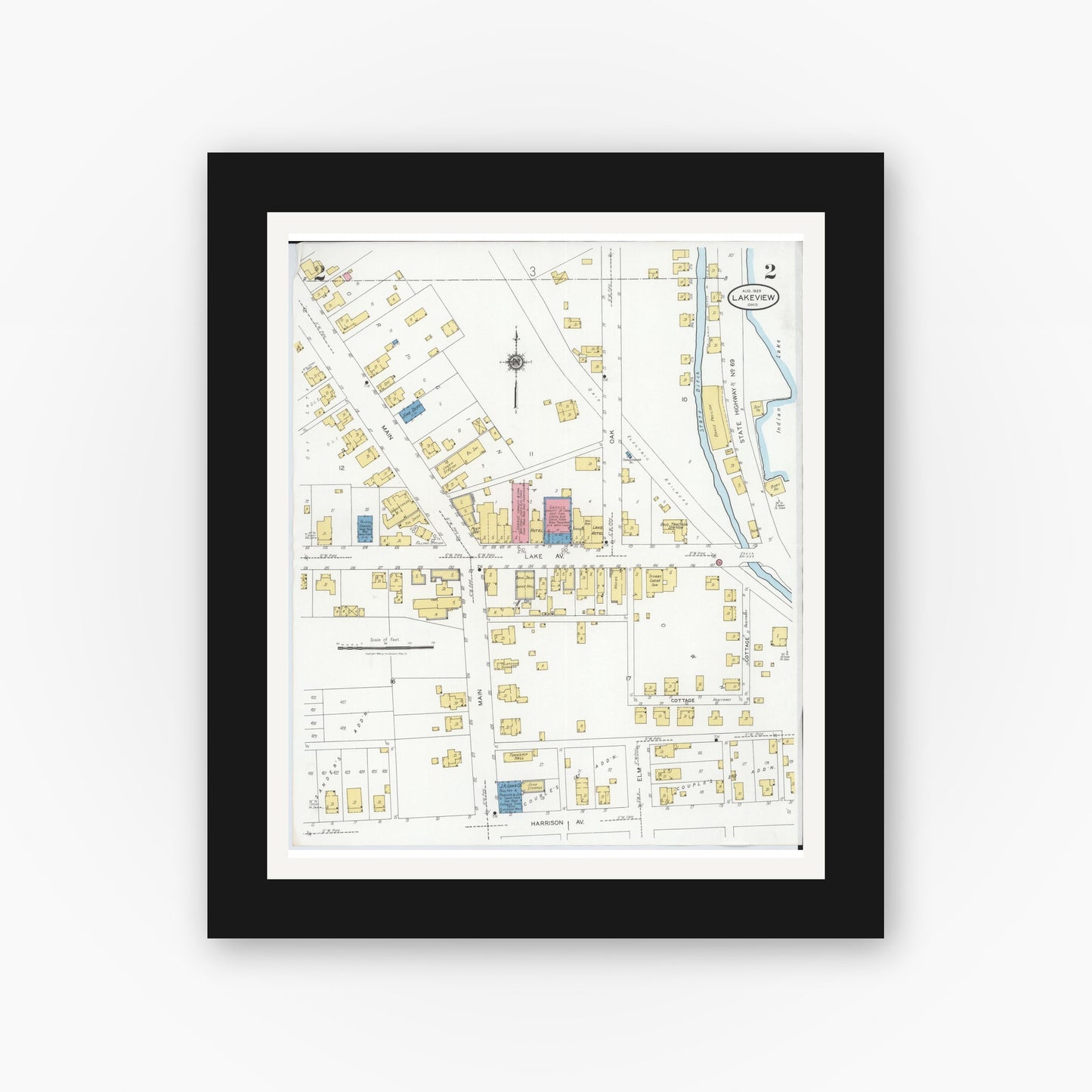 Old map wall art mockup — black gallery frame with white mat — Sanborn Fire Insurance Map from Lakeview, Logan County, Ohio (1929), Sheet #0002
