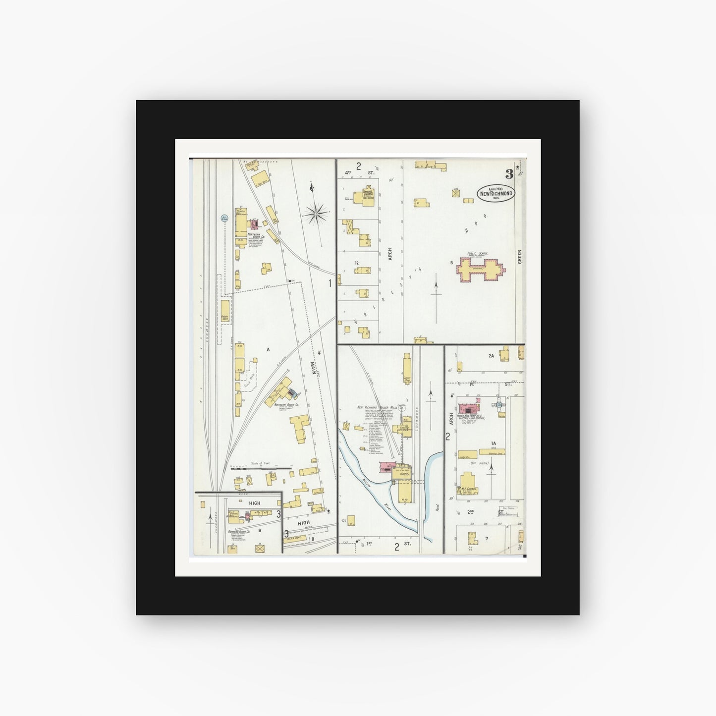 Old map wall art mockup — black gallery frame with white mat — Sanborn Fire Insurance Map from New Richmond, St. Croix County, Wisconsin (1900), Sheet #0003