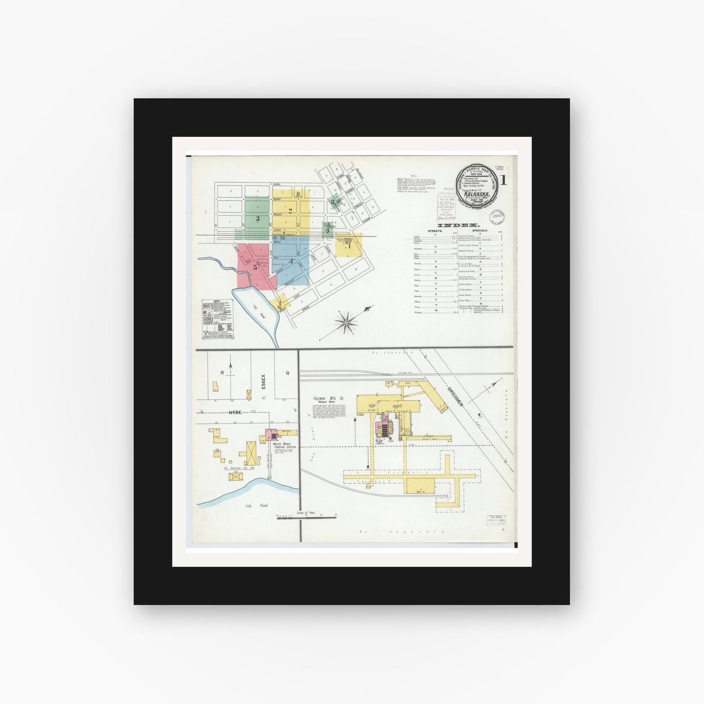 Old map wall art mockup — black gallery frame with white mat — Sanborn Fire Insurance Map from Kalkaska, Kalkaska County, Michigan (1900) - Complete Map Set