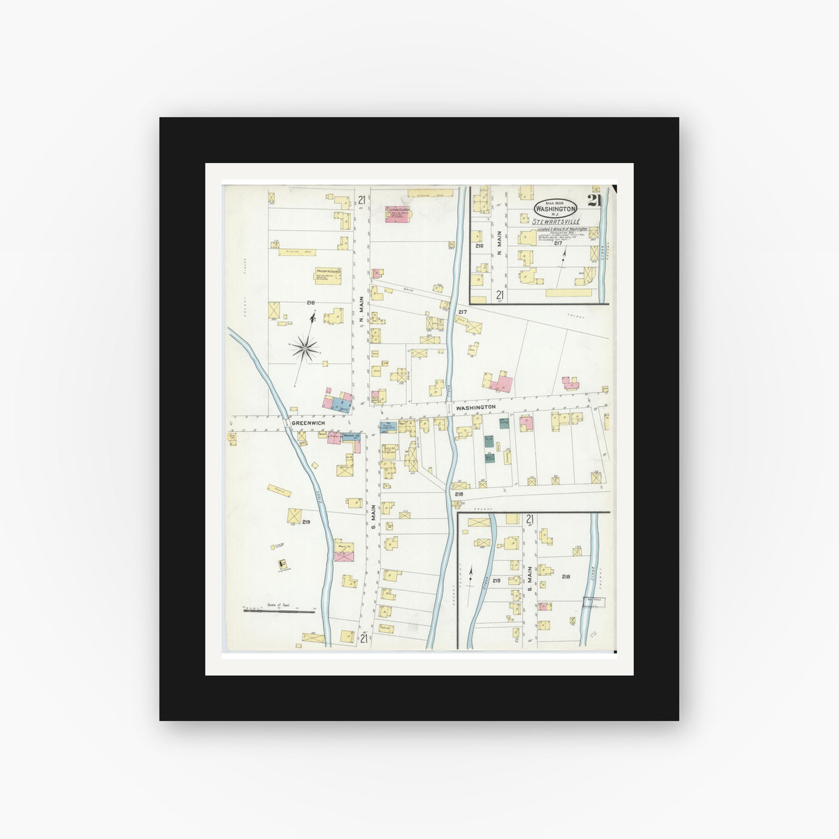 Old map wall art mockup — black gallery frame with white mat — Sanborn Fire Insurance Map from Washington, Warren County, New Jersey (1909), Sheet #0021