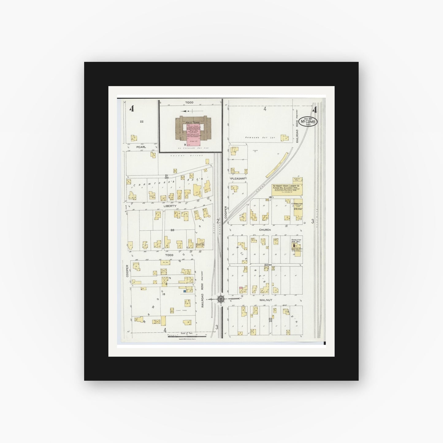 Old map wall art mockup — black gallery frame with white mat — Sanborn Fire Insurance Map from McComb, Hancock County, Ohio (1924), Sheet #0004