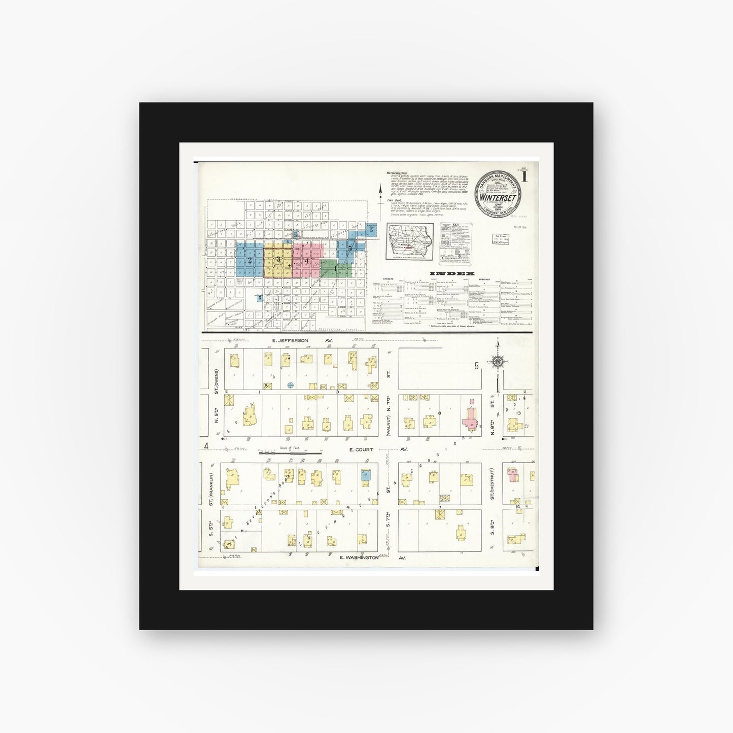 Old map wall art mockup — black gallery frame with white mat — Sanborn Fire Insurance Map from Winterset, Madison County, Iowa (1916), Sheet #0001