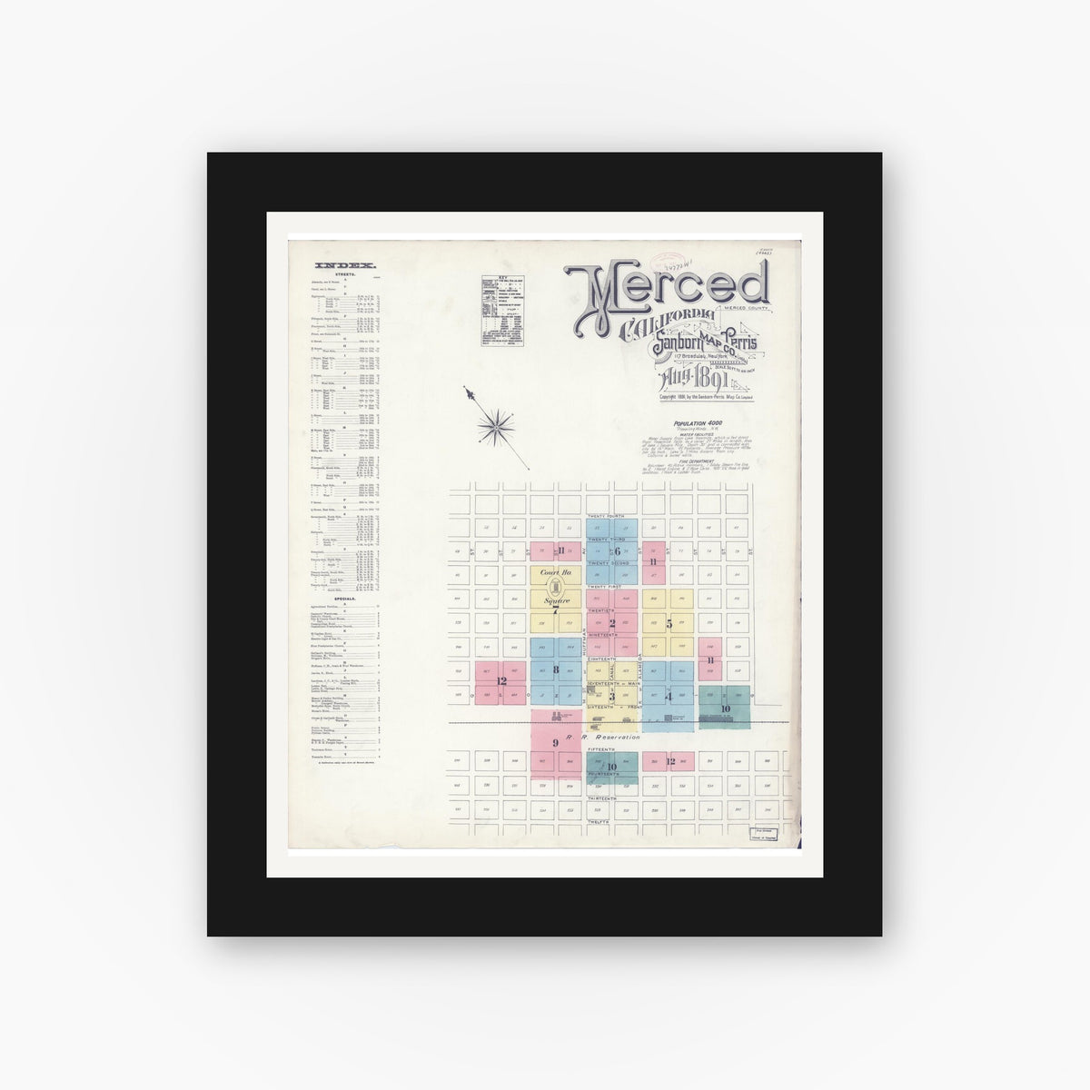 Old map wall art mockup — black gallery frame with white mat — Sanborn Fire Insurance Map from Merced, Merced County, California (1891), Sheet #0001