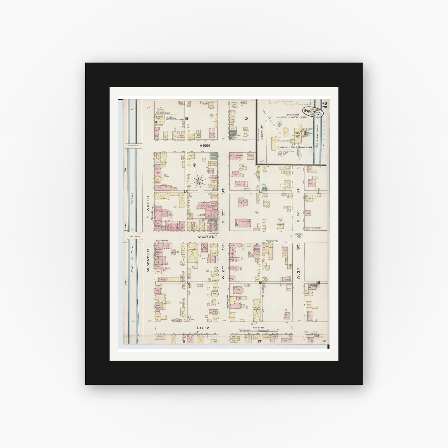 Old map wall art mockup — black gallery frame with white mat — Sanborn Fire Insurance Map from Waverly, Pike County, Ohio (1885), Sheet #0002