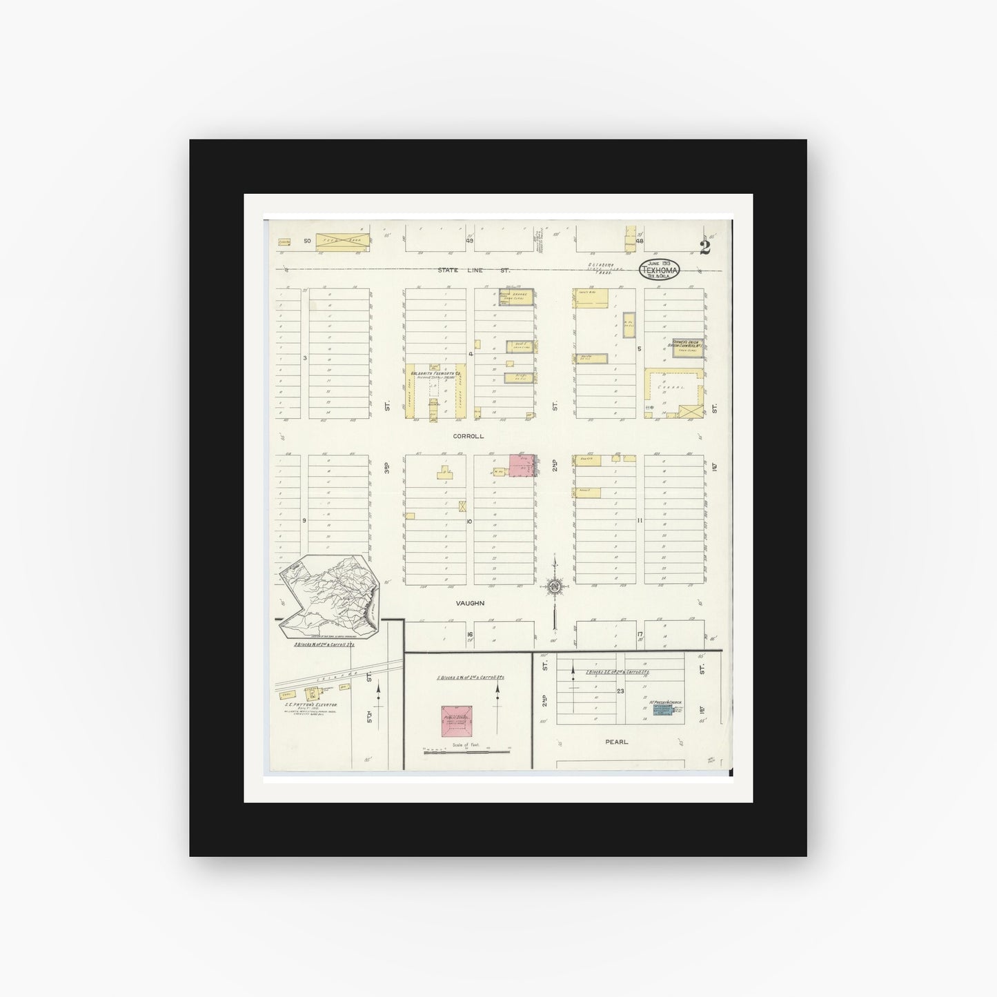 Old map wall art mockup — black gallery frame with white mat — Sanborn Fire Insurance Map from Texhoma, Texas County, Oklahoma and Sherman County, Texas, Oklahoma (1913), Sheet #0002