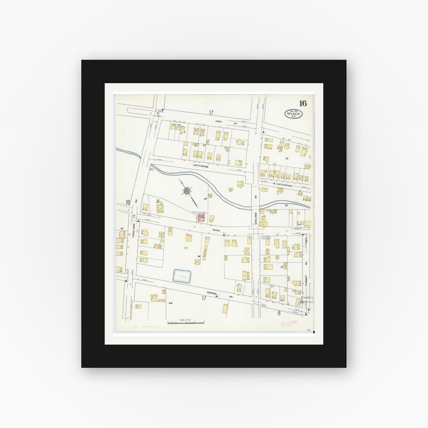 Old map wall art mockup — black gallery frame with white mat — Sanborn Fire Insurance Map from Nyack, Rockland County, New York. (1910), Sheet #0016
