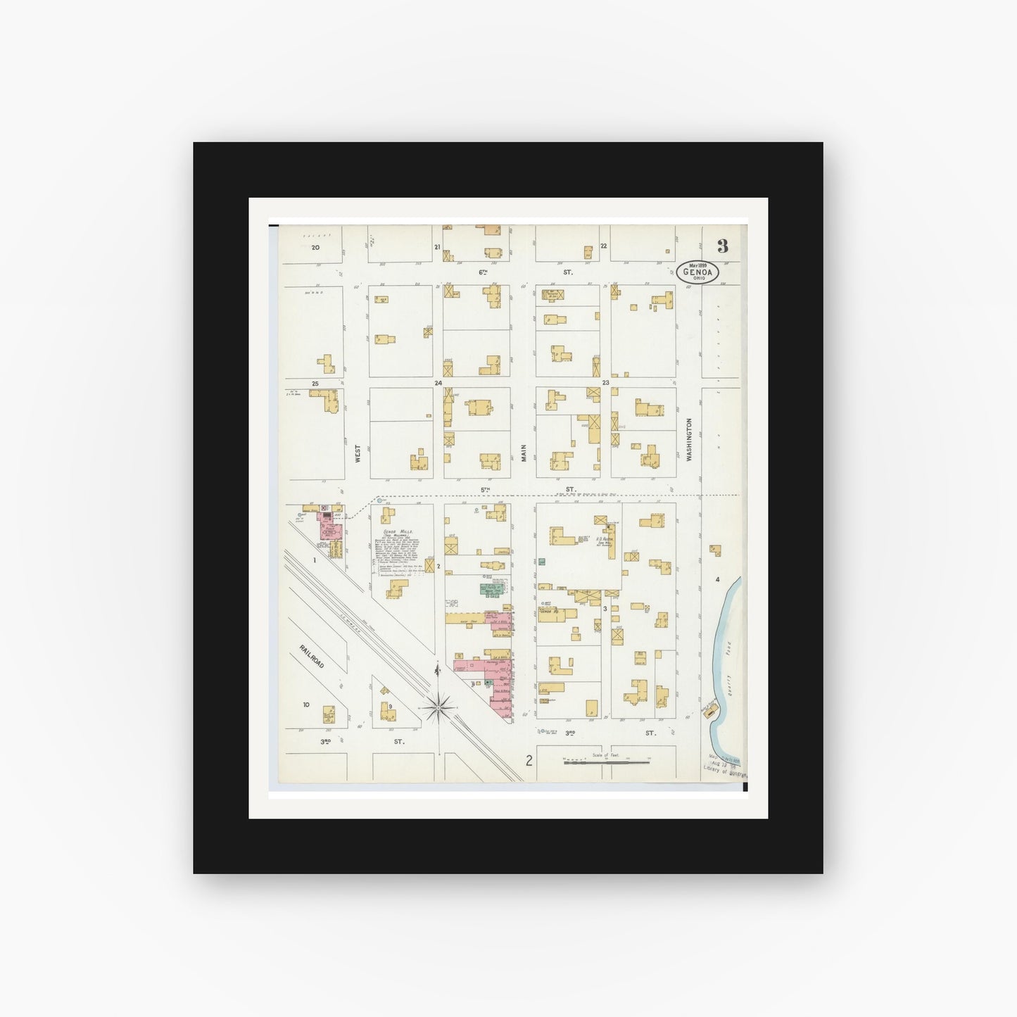 Old map wall art mockup — black gallery frame with white mat — Sanborn Fire Insurance Map from Genoa, Ottawa County, Ohio (1899), Sheet #0003