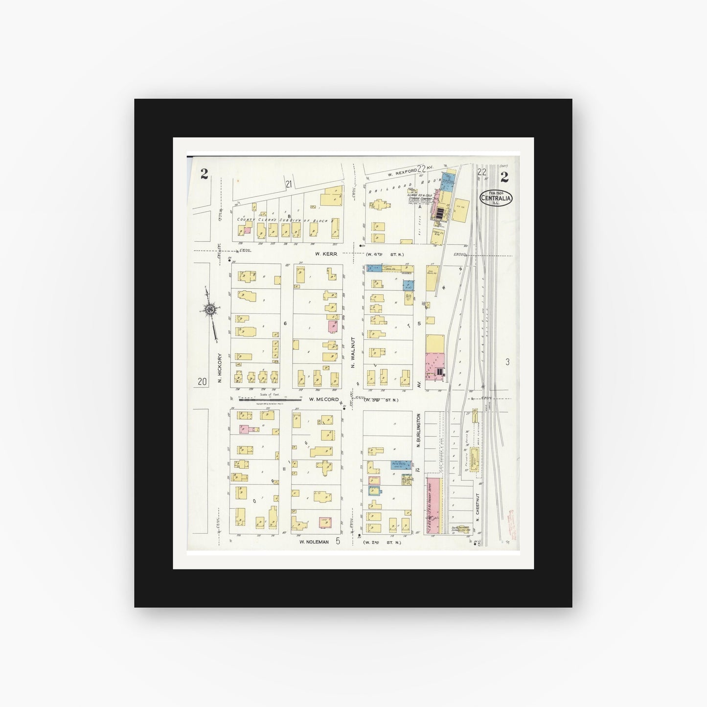 Old map wall art mockup — black gallery frame with white mat — Sanborn Fire Insurance Map from Centralia, Marion, Clinton, Jefferson, and Washington Counties, Illinois (1924), Sheet #0002