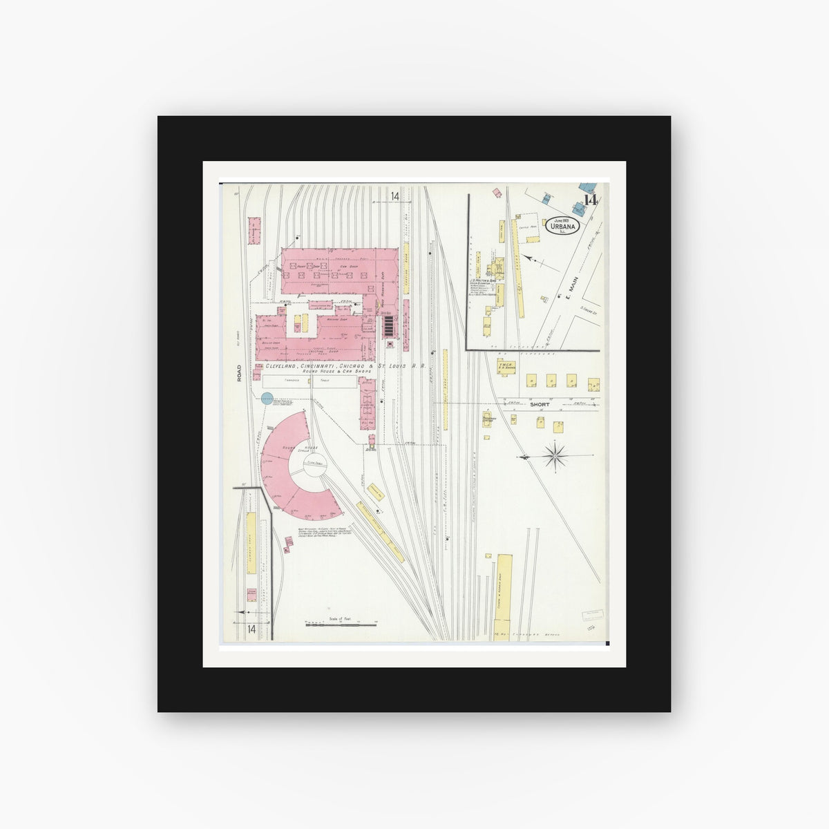 Old map wall art mockup — black gallery frame with white mat — Sanborn Fire Insurance Map from Urbana, Champaign County, Illinois (1909), Sheet #0014