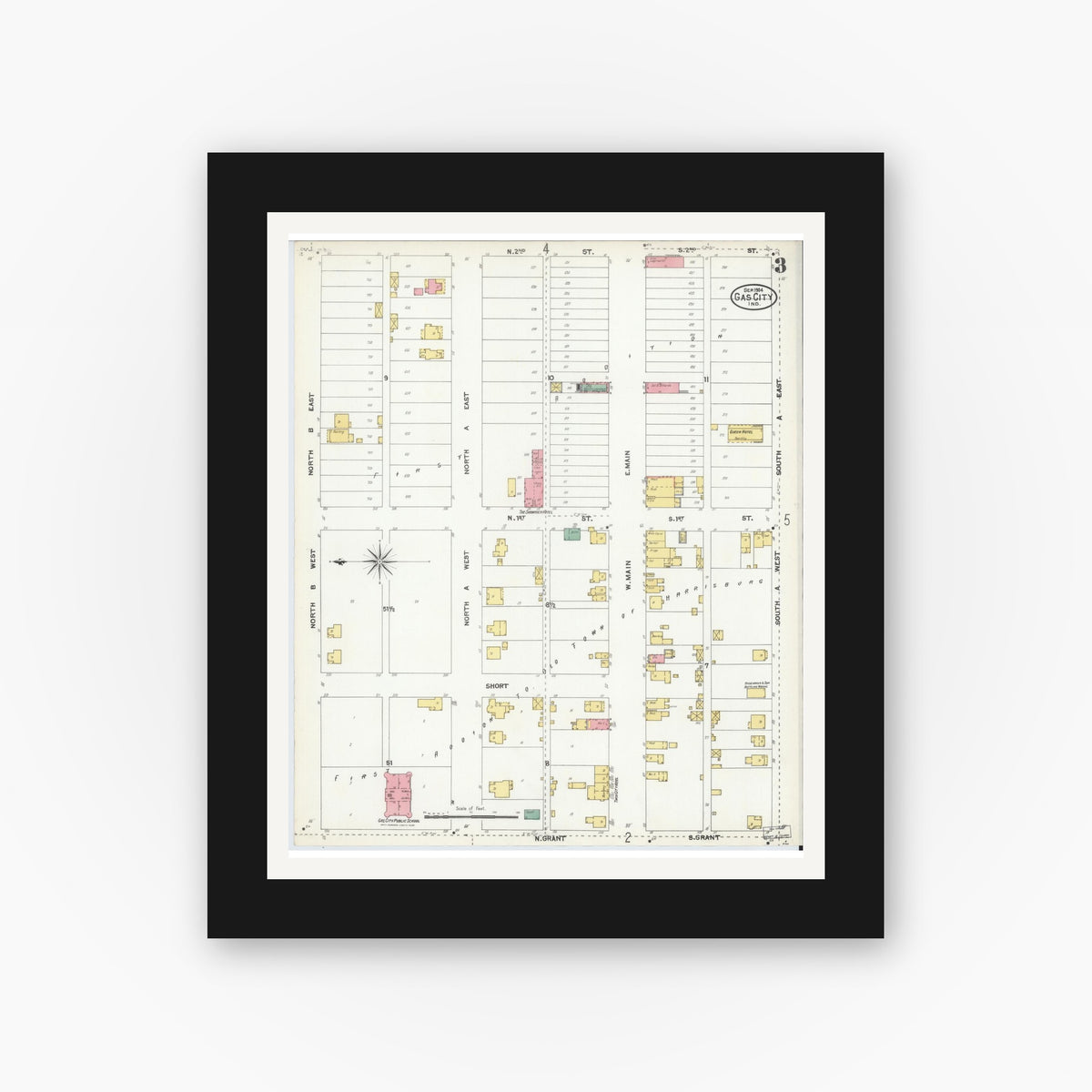 Old map wall art mockup — black gallery frame with white mat — Sanborn Fire Insurance Map from Gas City, Grant County, Indiana (1904), Sheet #0003