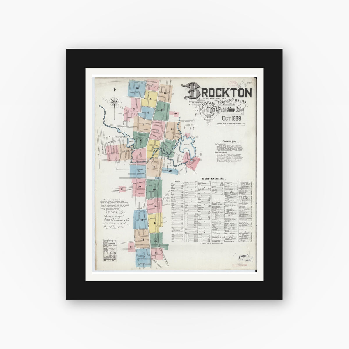 Old map wall art mockup — black gallery frame with white mat — Sanborn Fire Insurance Map from Brockton, Plymouth County, Massachusetts (1889) - Complete Map Set